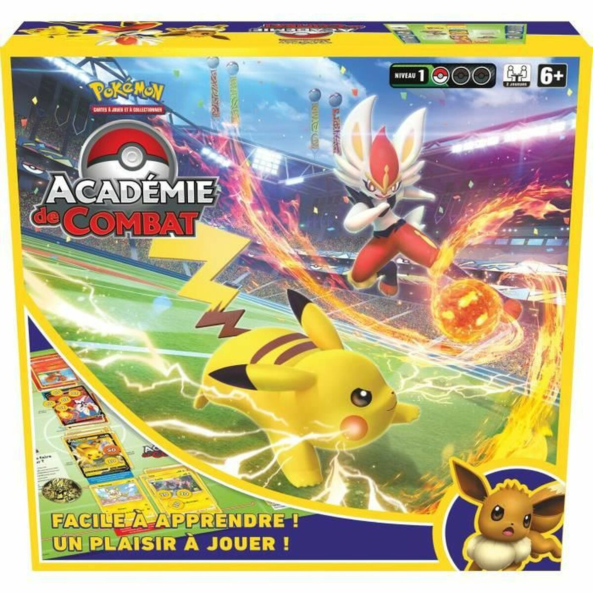 Scatola del gioco Accademia di Battaglia Pokémon con Pikachu e Scorbunny.