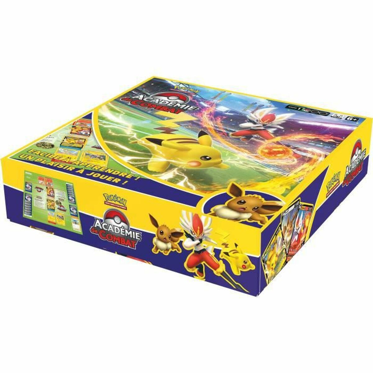 Scatola Accademia di Combattimento Pokémon con Pikachu, Eevee e Scorbunny su sfondo bianco.