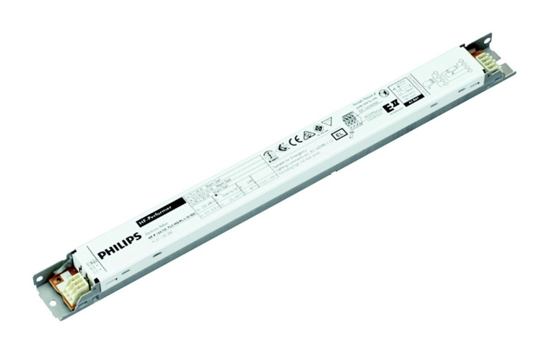 Ballast elettronico Philips HF-Performer con etichette e connettori su sfondo bianco.