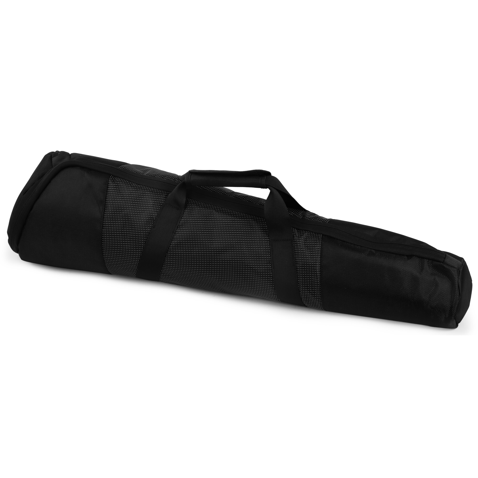 Schwarze Tasche mit Griffen und weißem Punktmuster.