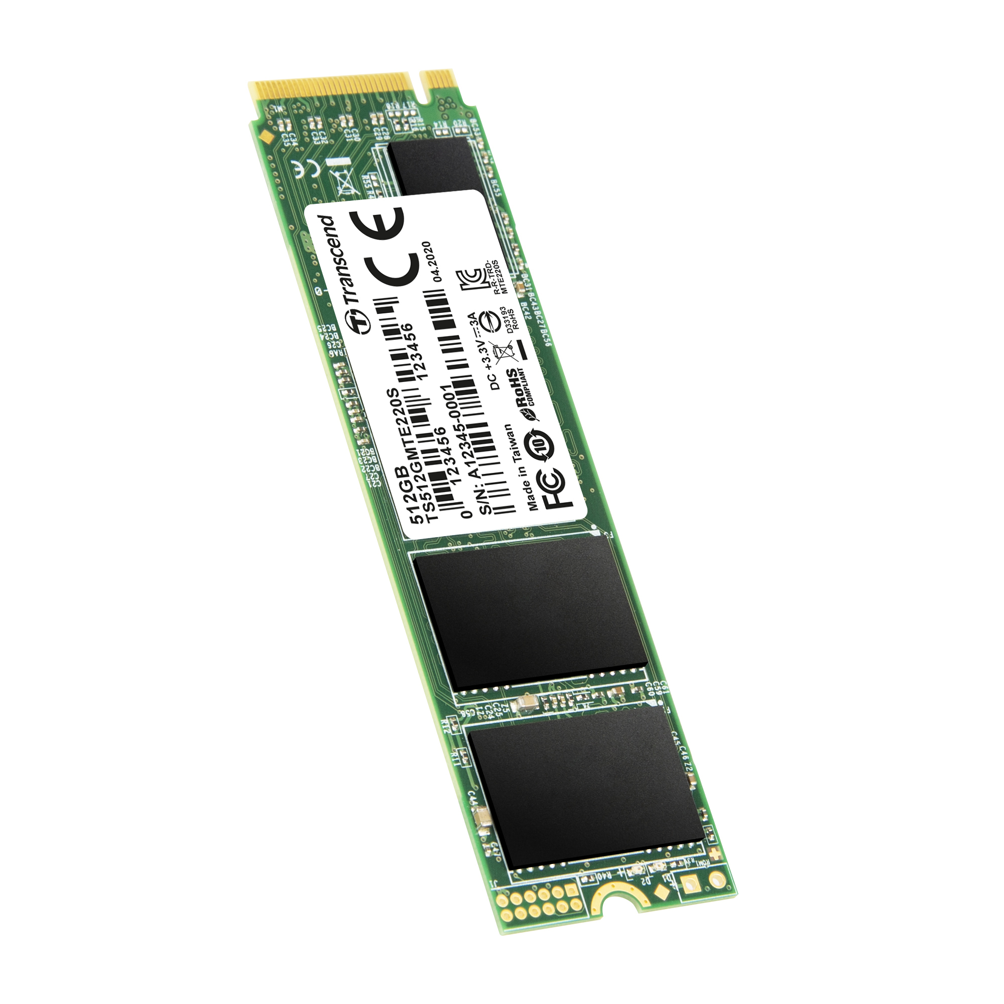 A Transcend 512GB M.2 NVMe SSD with black chips on a green circuit board.
