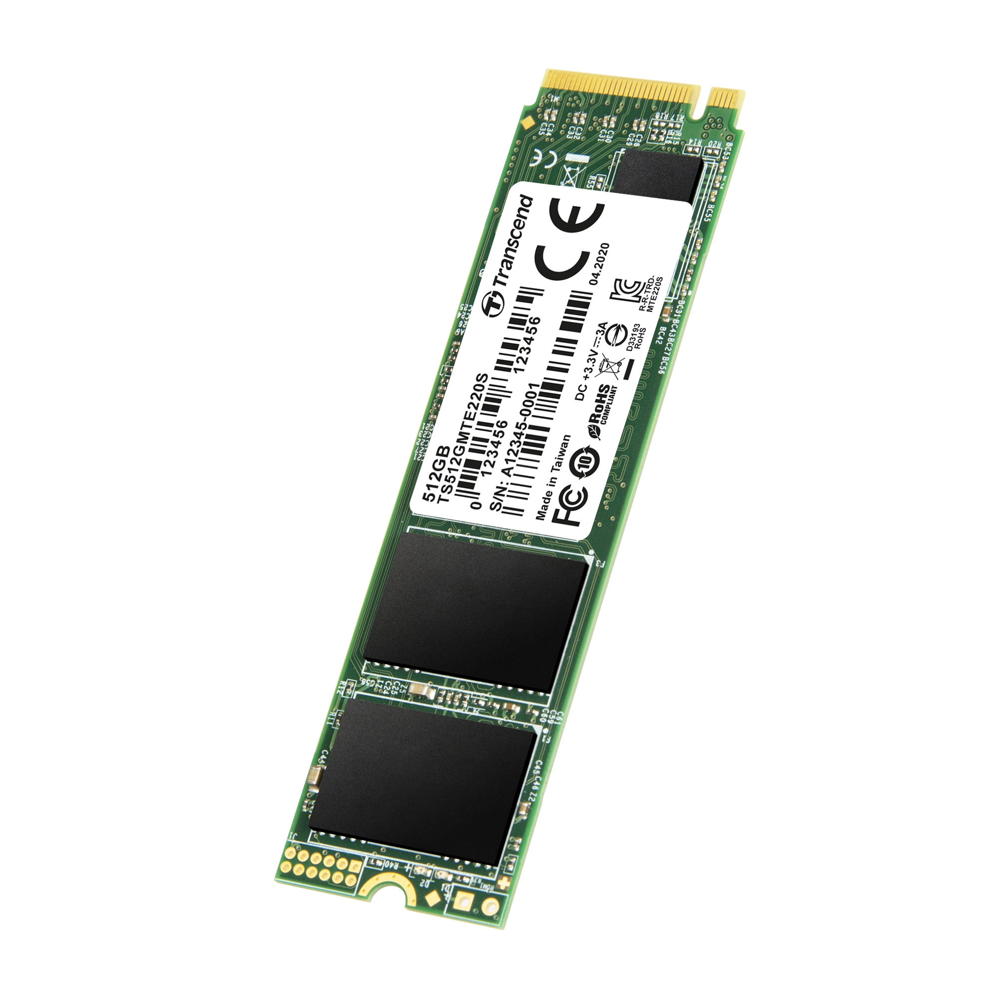 A Transcend 512GB M.2 SSD storage stick with black chips and a green circuit board.