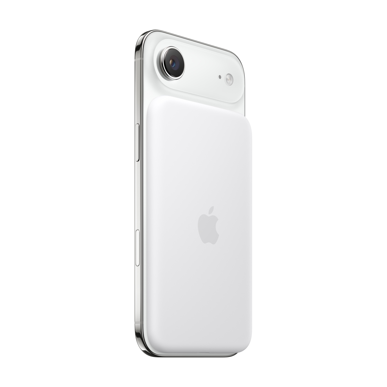 Rückseite eines weißen iPhones mit Kamera und Apple-Logo, auf weißem Hintergrund.