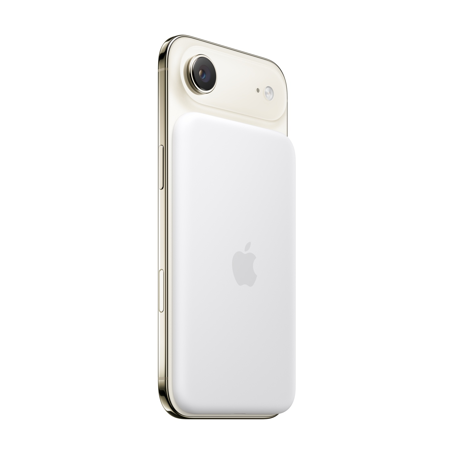 Ein weißes iPhone mit goldenem Rahmen und weißem Akku auf der Rückseite.