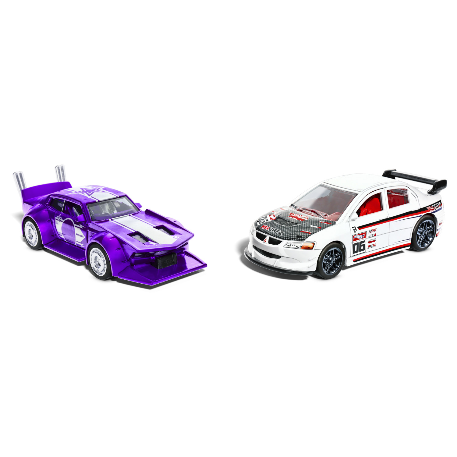 Due macchinine: un'auto viola futuristica e un'auto da corsa bianca con accenti rossi.