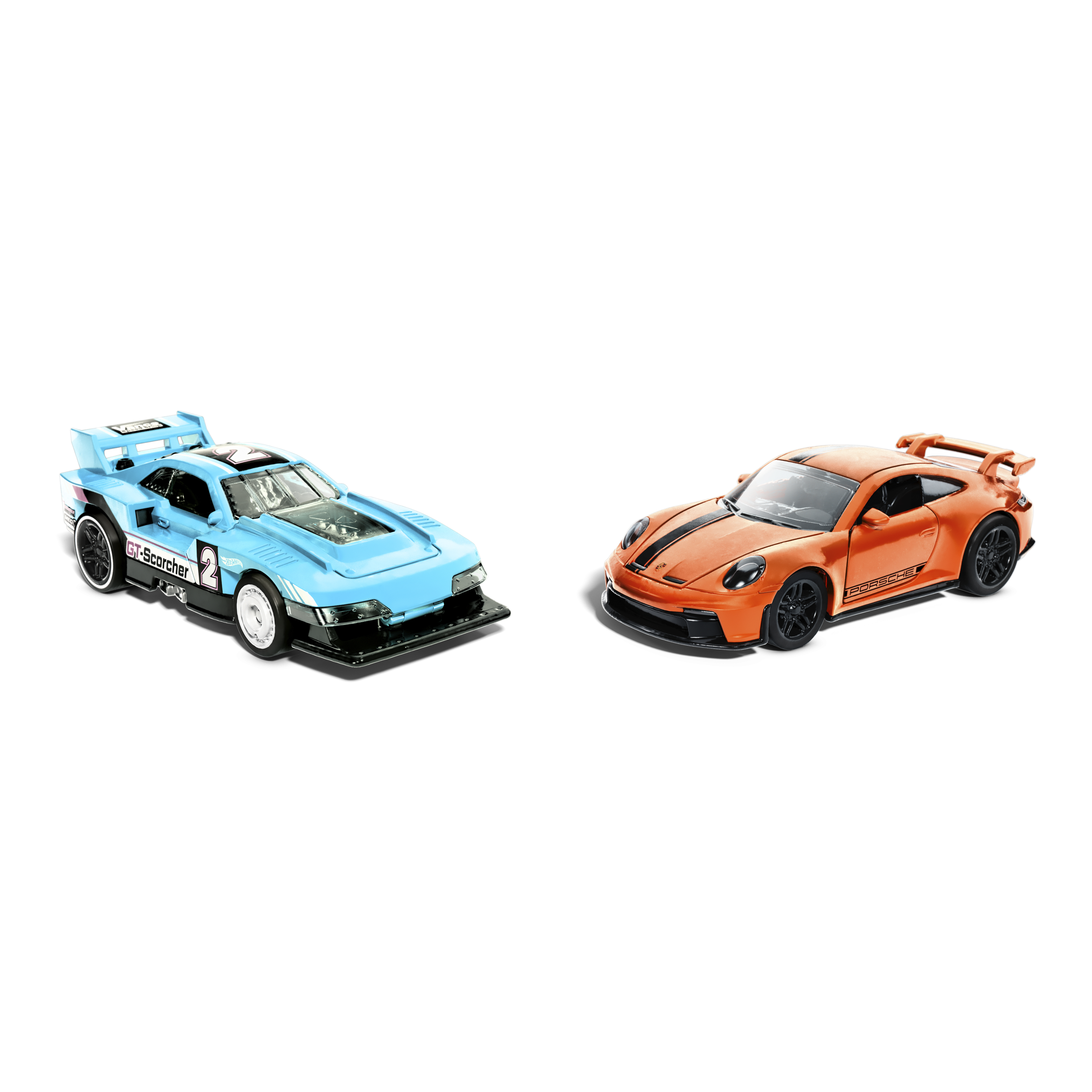 Due macchinine: una blu con il numero 2 e un modello Porsche arancione.