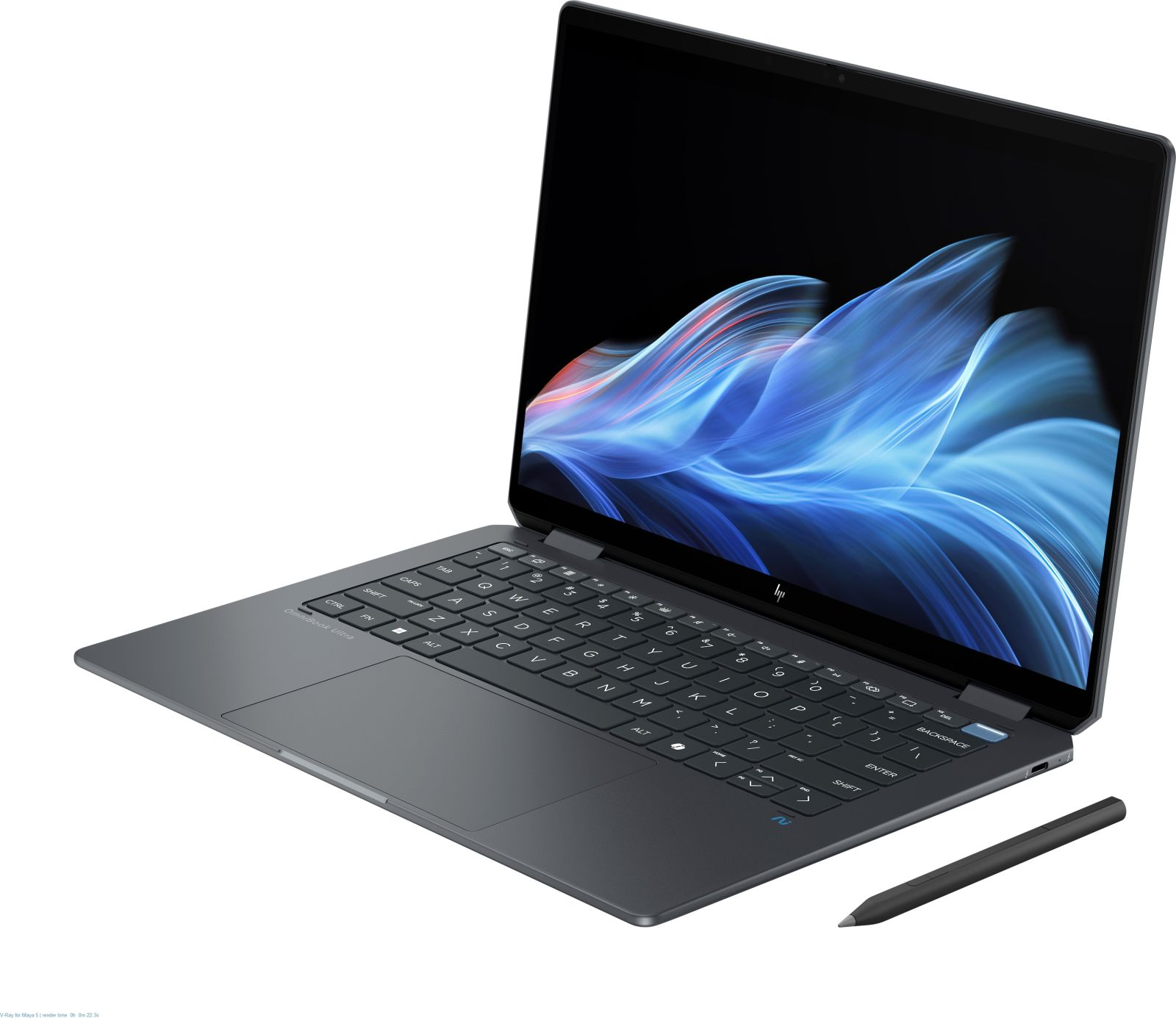 Ciemnoszary laptop HP Omnibook Ultra ze stylusem jest otwarty, ukazując niebiesko-czerwoną abstrakcyjną tapetę.