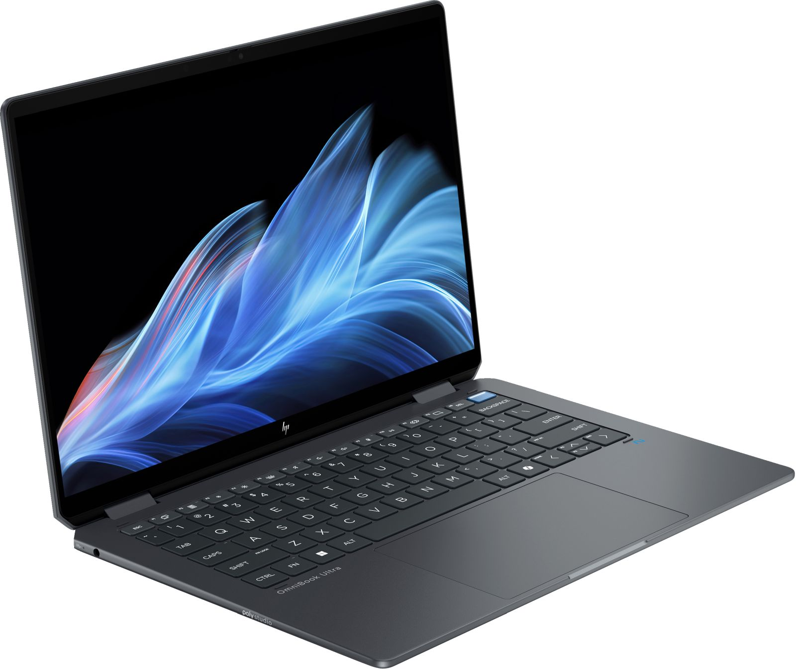 Ciemnoszary laptop HP OmniBook Ultra z żywiołową niebieską tapetą abstrakcyjną na ekranie.