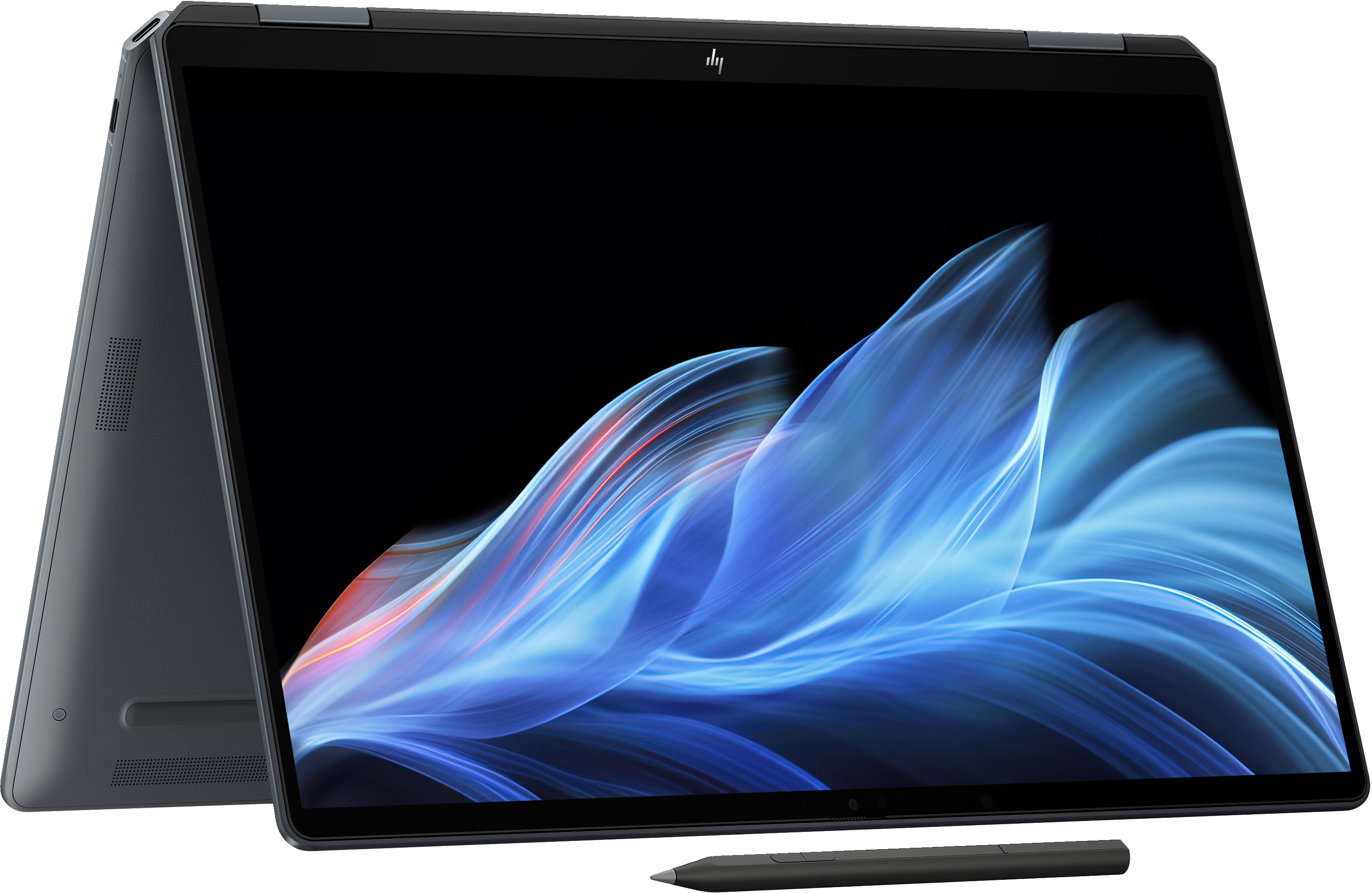 Ciemny laptop w trybie tabletu ze stylusem, wyświetla abstrakcyjne wzory niebieskie i czerwone.