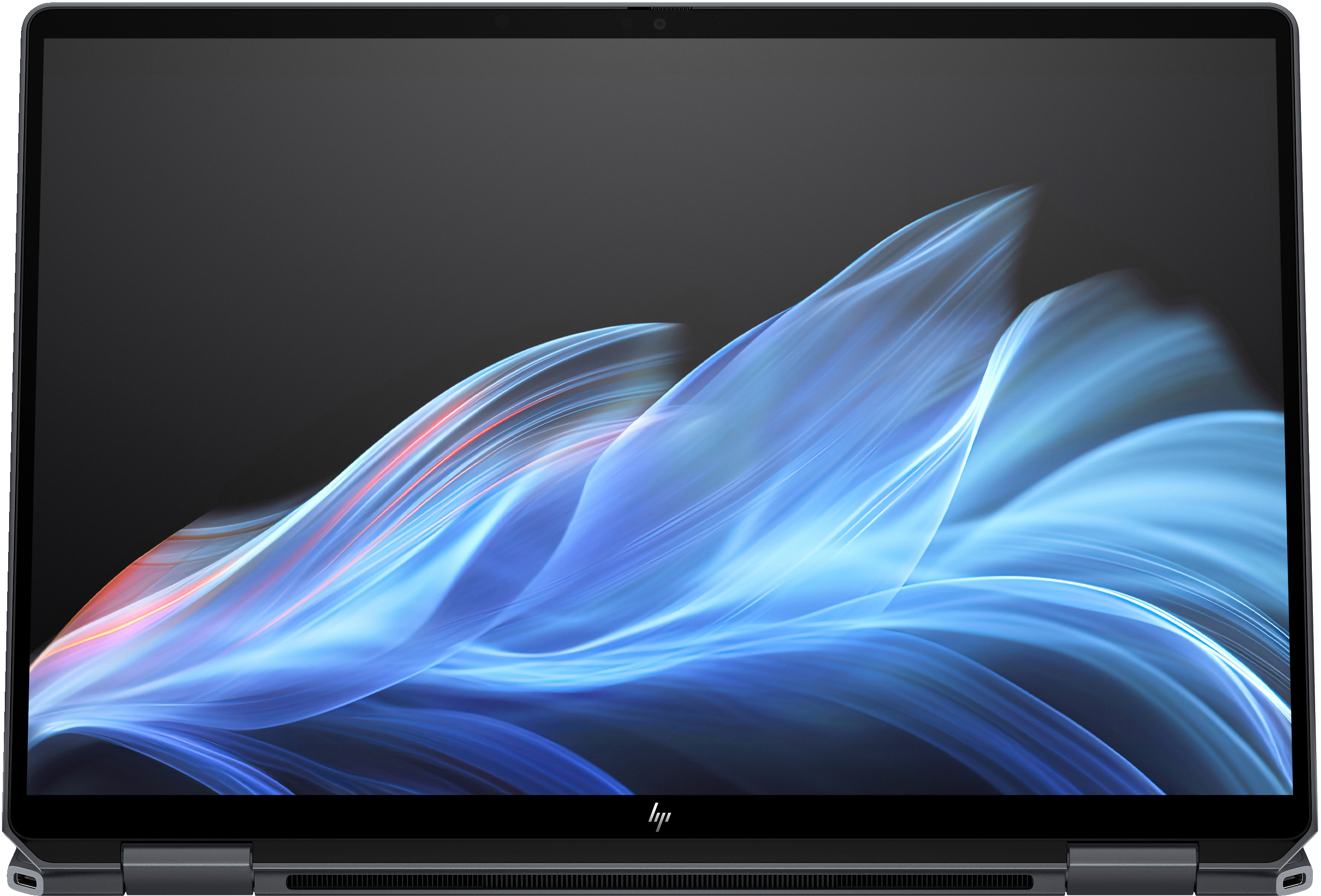 Ciemny laptop wyświetla żywy, abstrakcyjny obraz fal światła w kolorze niebieskim i czerwonym.