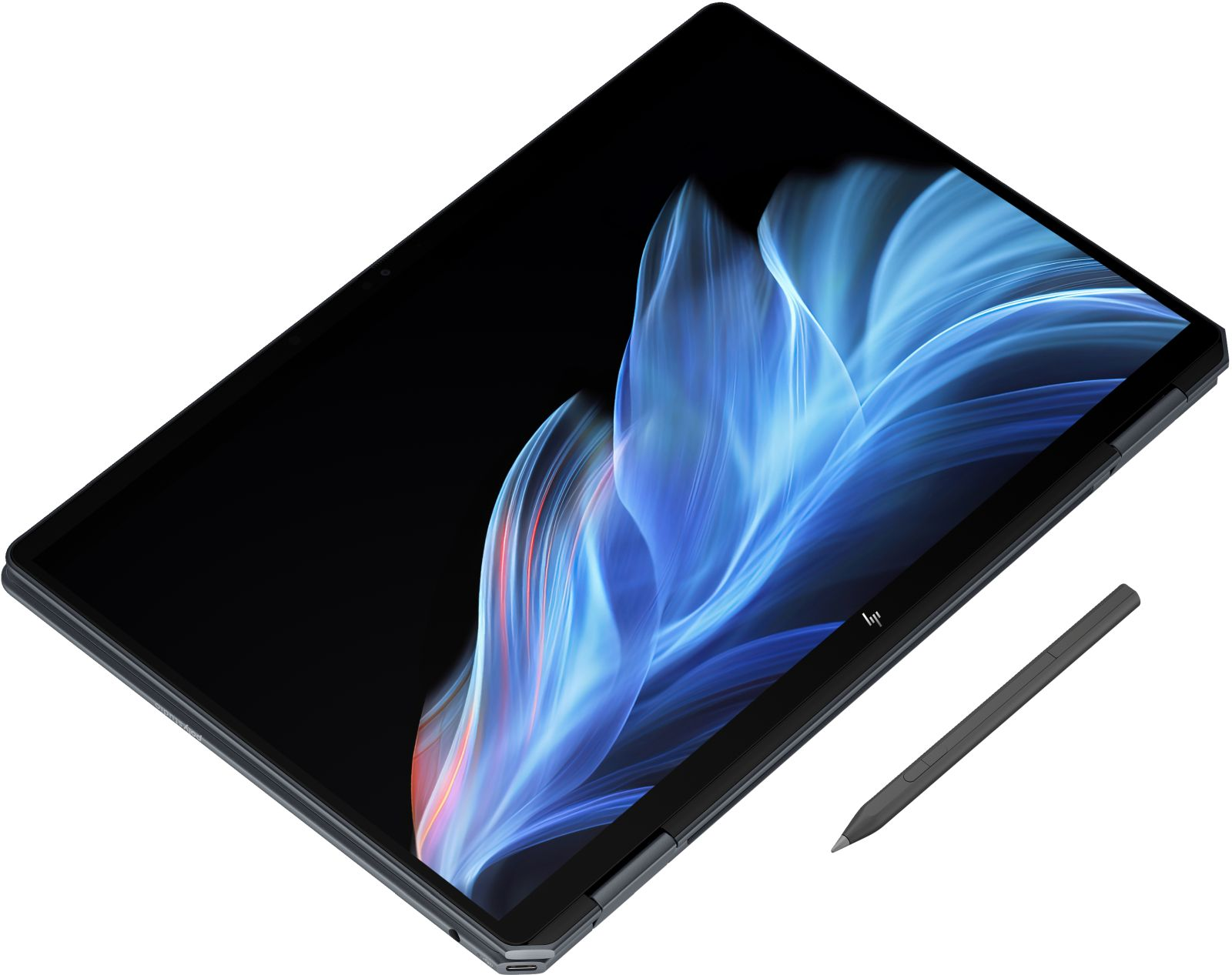 Ciemny laptop z kolorowym, abstrakcyjnym tłem i piórkiem obok.