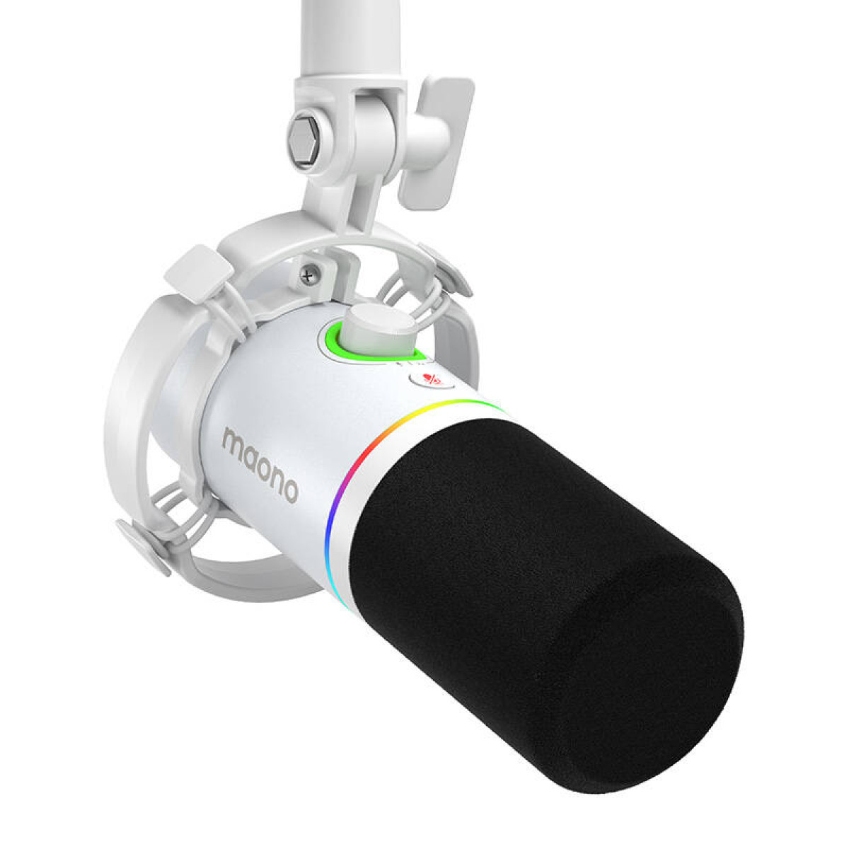 Witte Maono microfoon met zwart schuim, bevestigd aan een witte standaard met regenboog LED accenten.