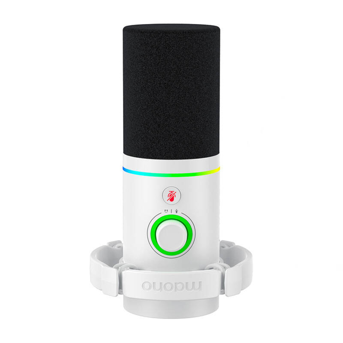 Een witte microfoon met een zwarte schuimtop en een groene ring.