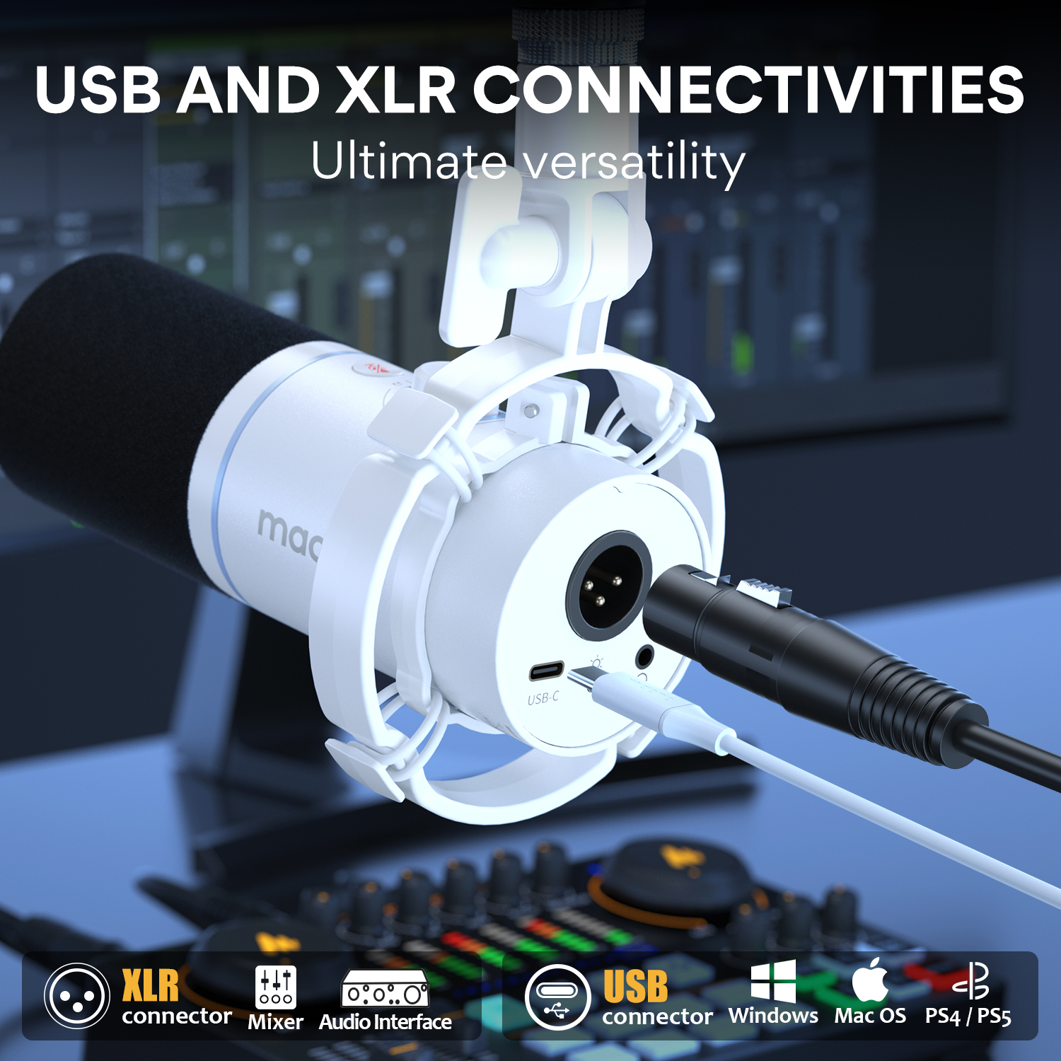 Microfoon met USB/XLR-poorten, mixer en compatibele besturingssysteem-iconen.
