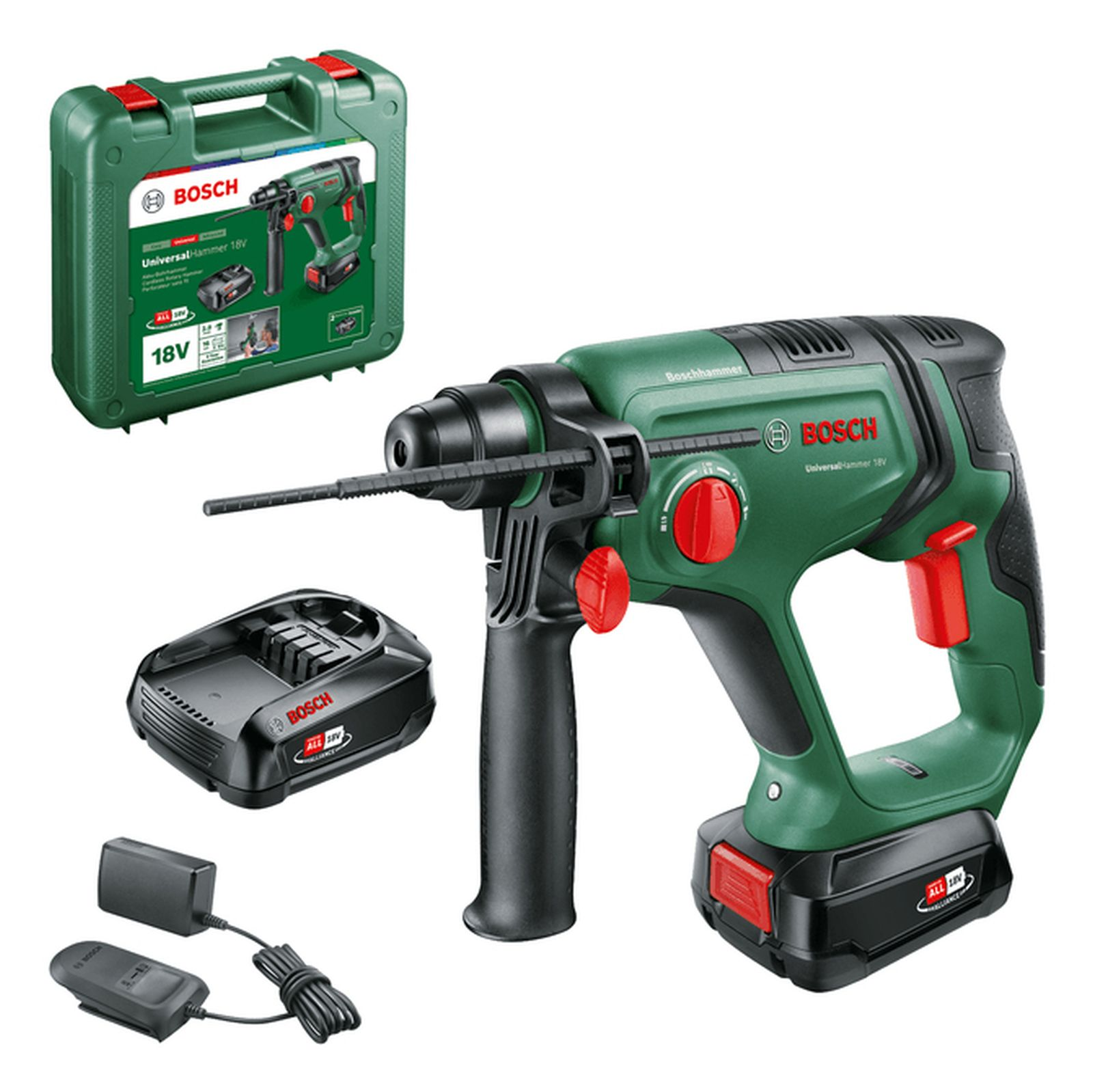 Martello perforatore Bosch verde con batteria, caricabatterie e valigetta.