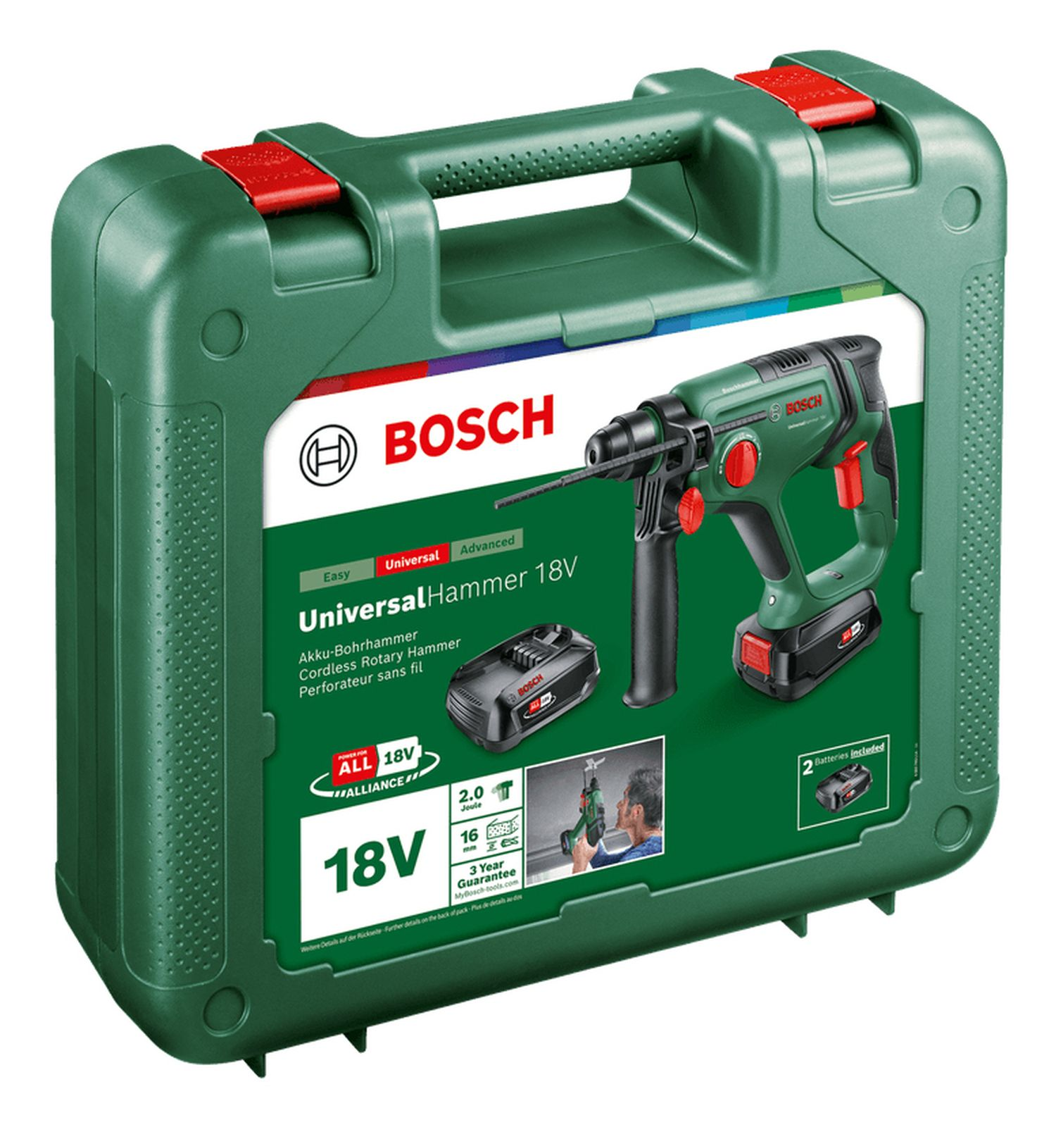 Martello perforatore a batteria Bosch verde nella sua valigetta, con accessori e specifiche.