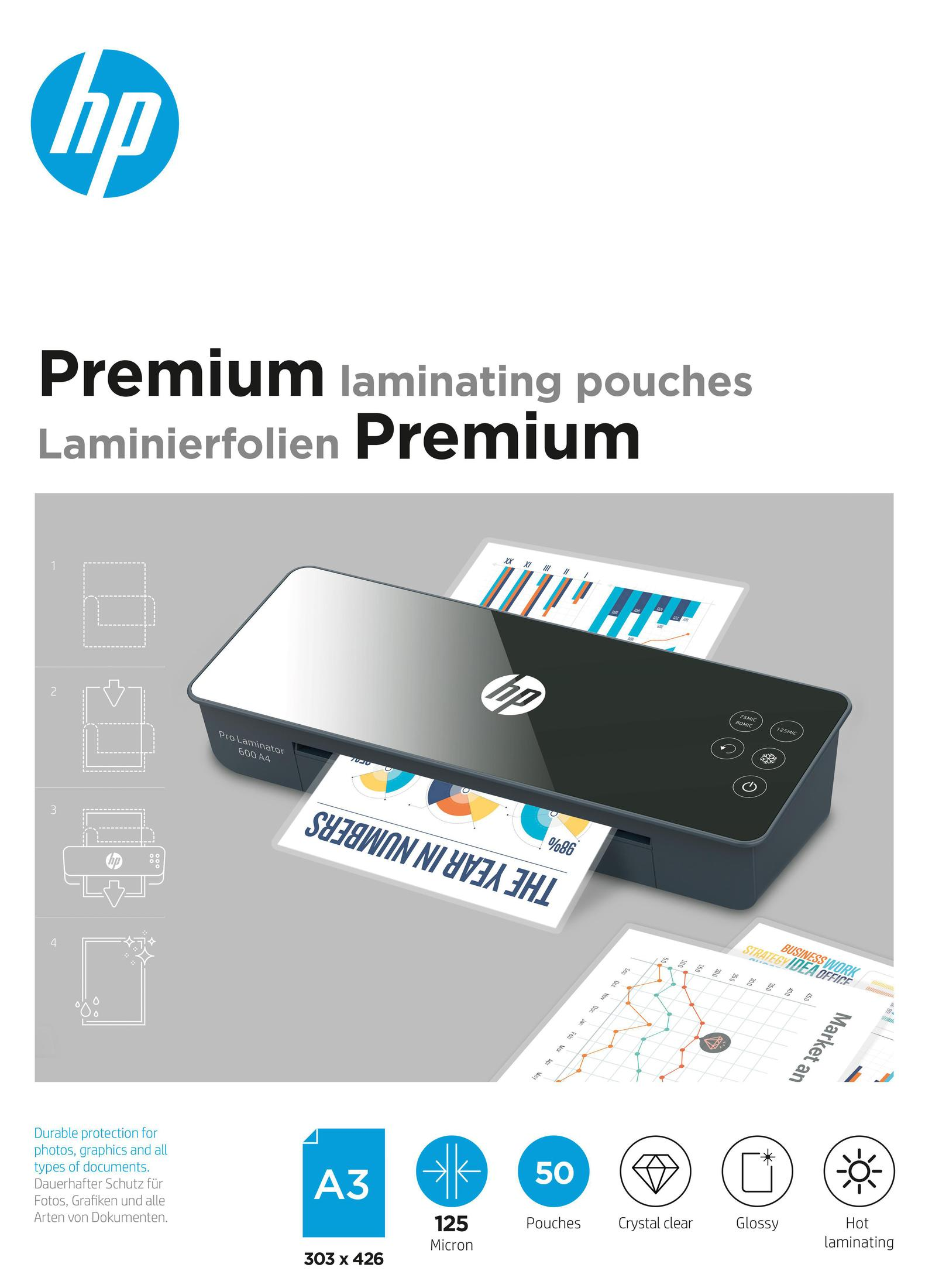 Laminator HP Pro 600 A4 z foliami Premium. Rozmiar A3, 125 mikronów, 50 folii.