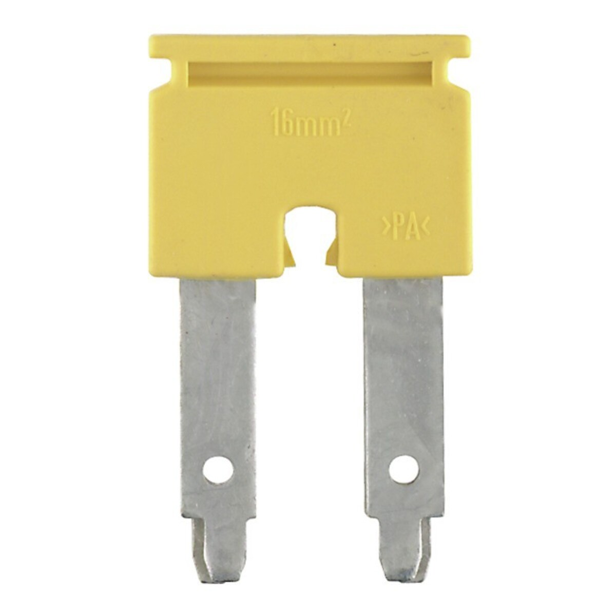 Portafusibile giallo con due rebbi metallici e marcatura "16mm2".
