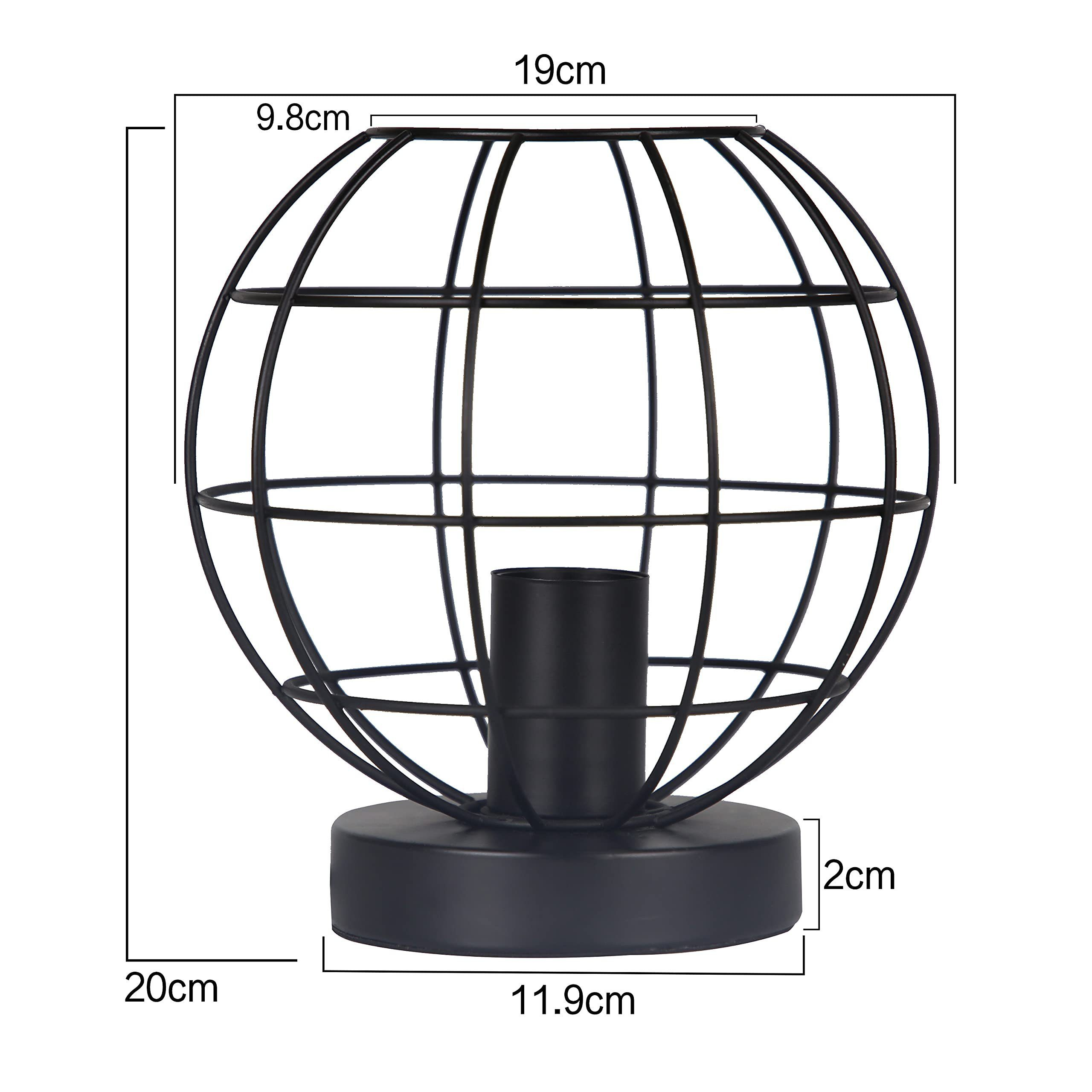 Portacandele nero in metallo a forma di globo con dimensioni.