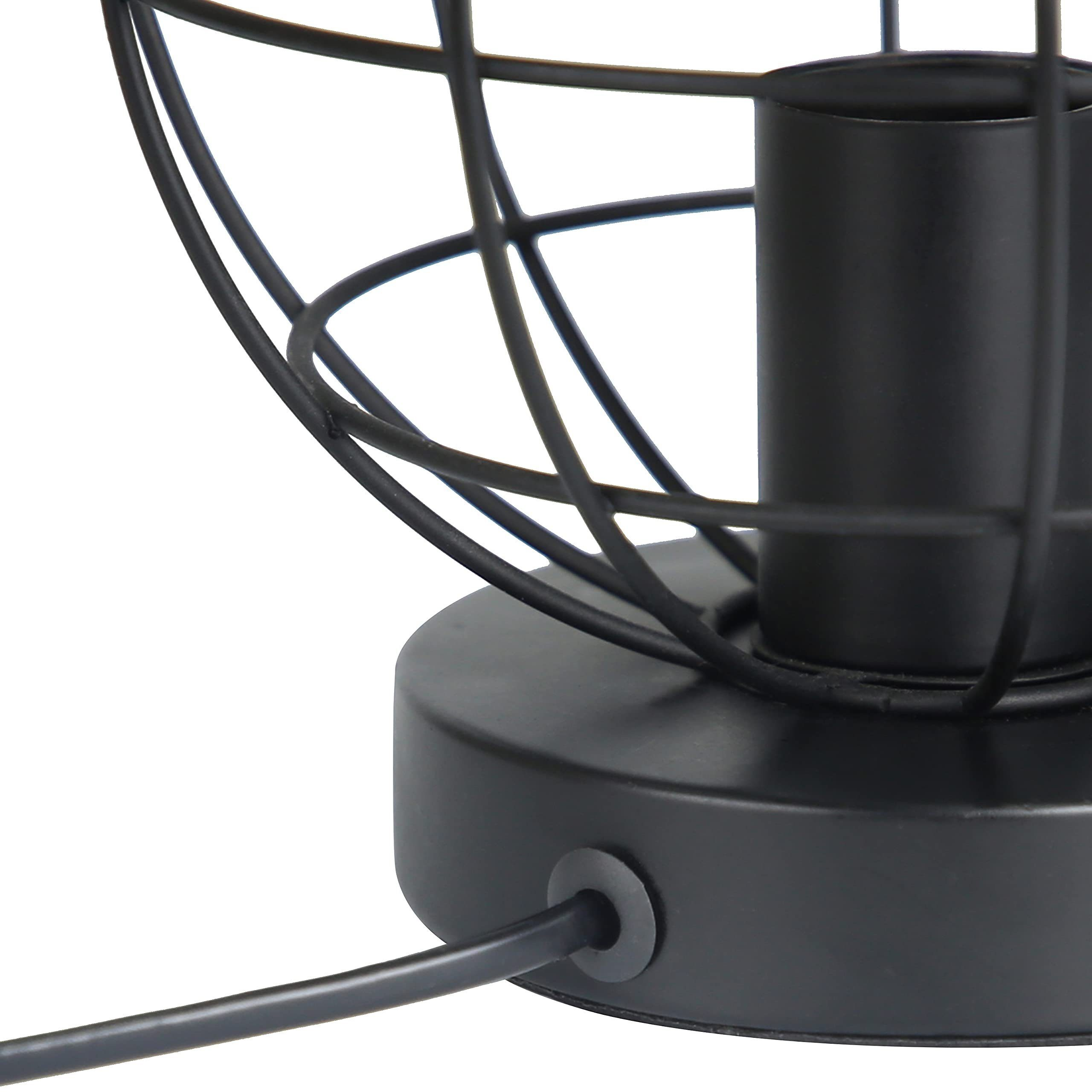 Base di lampada a gabbia in metallo nero con cavo nero che entra da sinistra.
