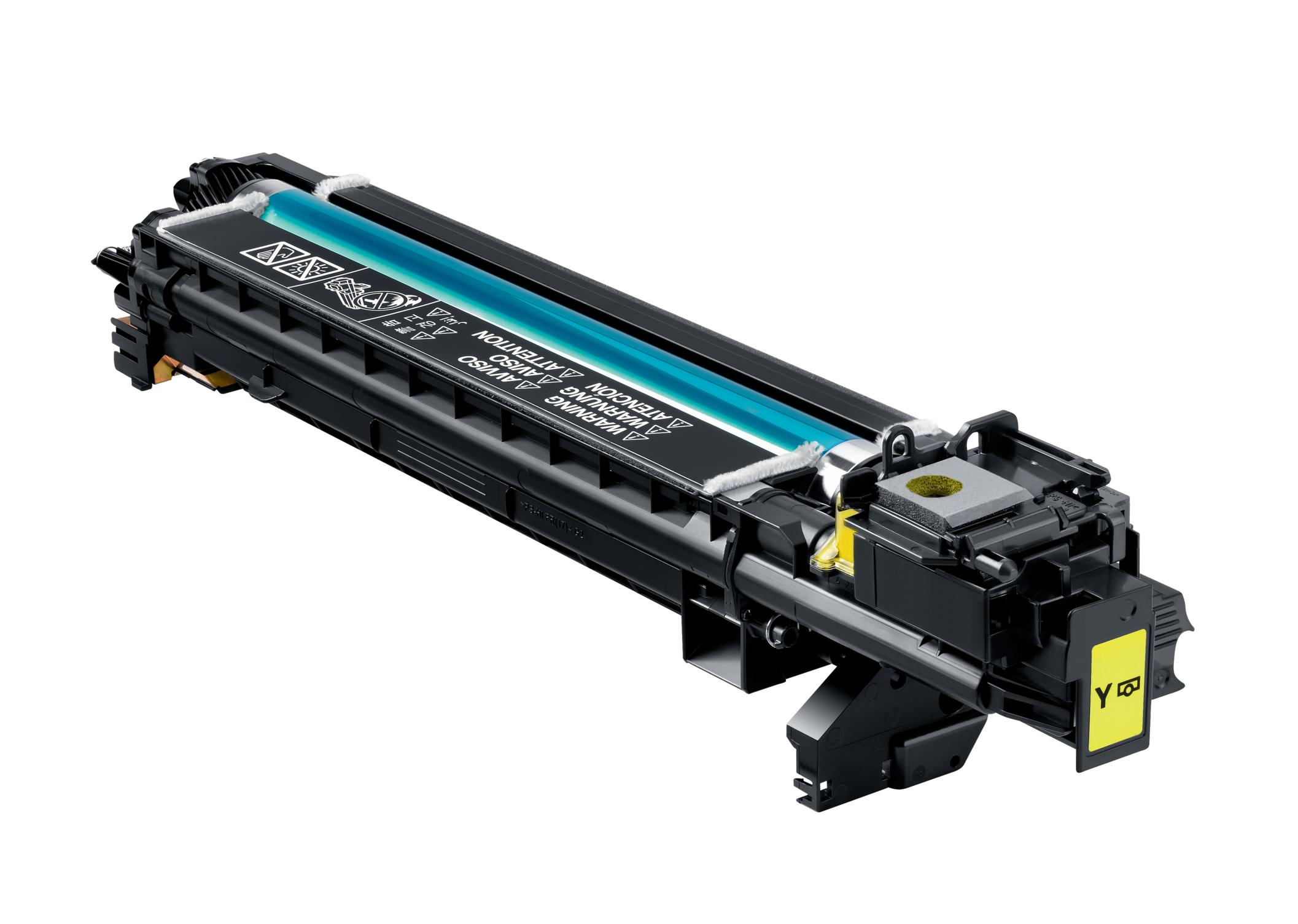 Un tamburo di cartuccia toner giallo con un rullo blu e simboli di avvertenza.