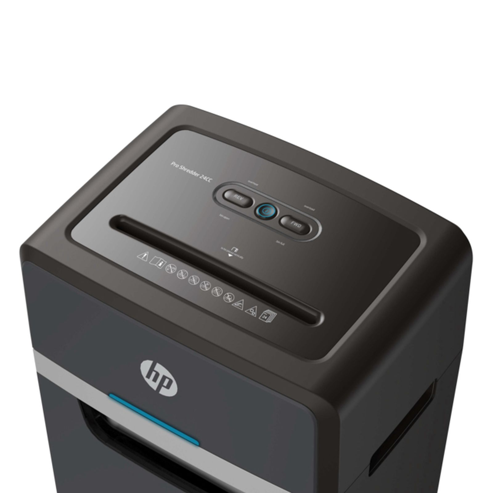 HP Pro Shredder 24CC: Un distruggidocumenti grigio e nero con pulsanti di controllo.
