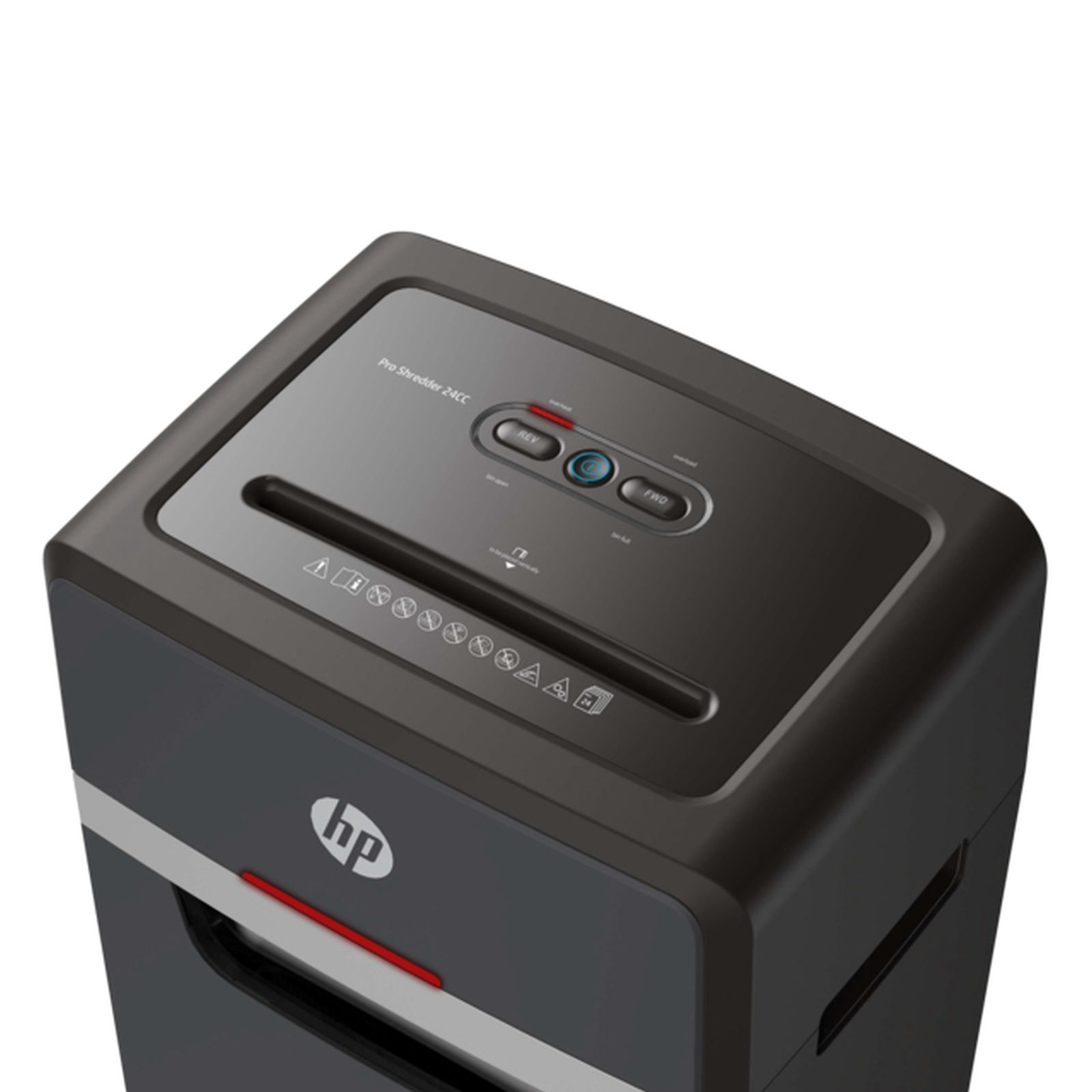 Un distruggidocumenti HP Pro Shredder 24CC grigio scuro con pulsanti di controllo e fessura per carta.