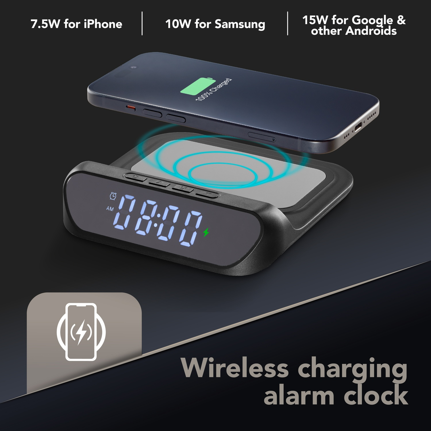 Reloj despertador de carga inalámbrica con pantalla digital 08:00 y iPhone.