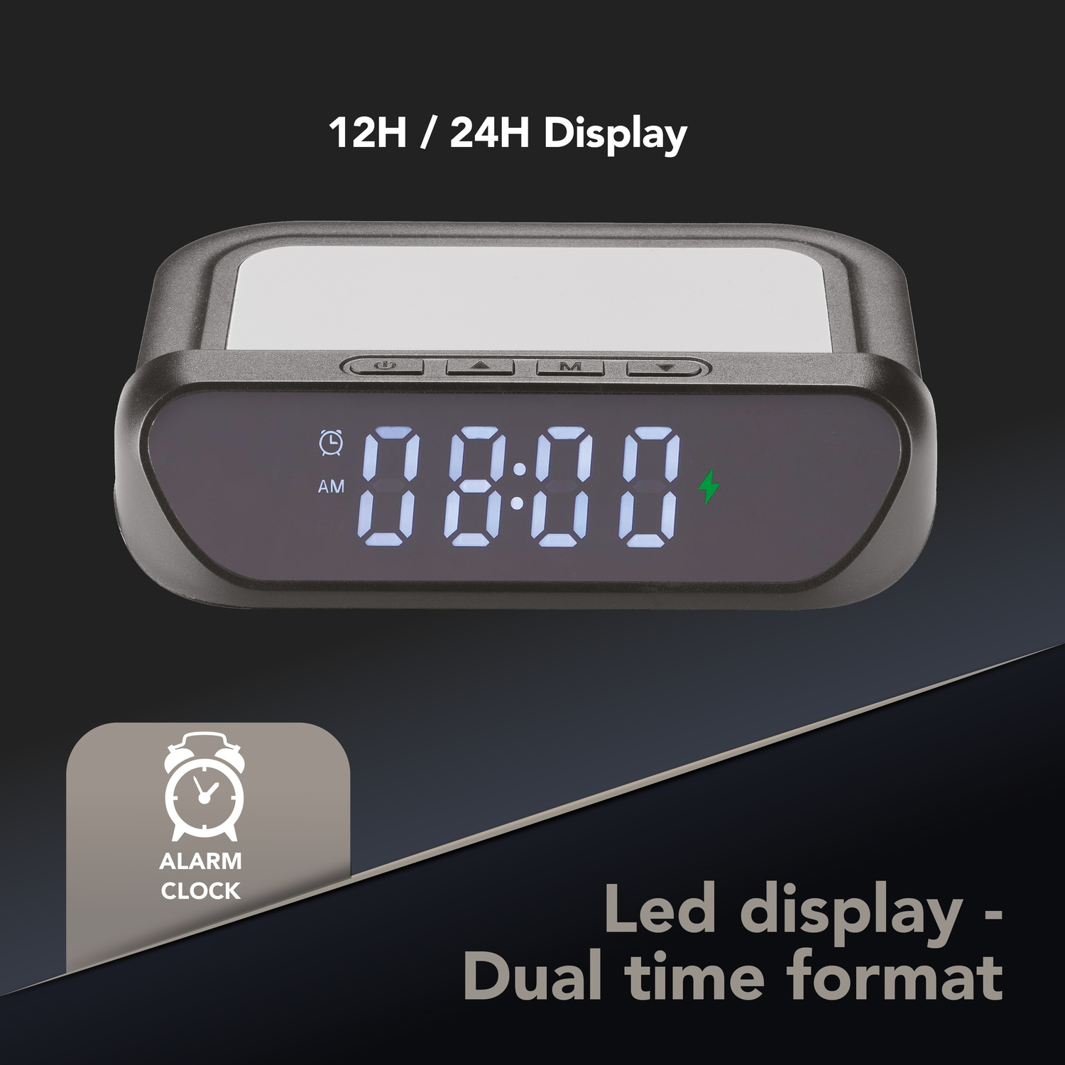 Reloj despertador digital con pantalla LED que muestra las 08:00 AM. Incluye pantalla 12H/24H.