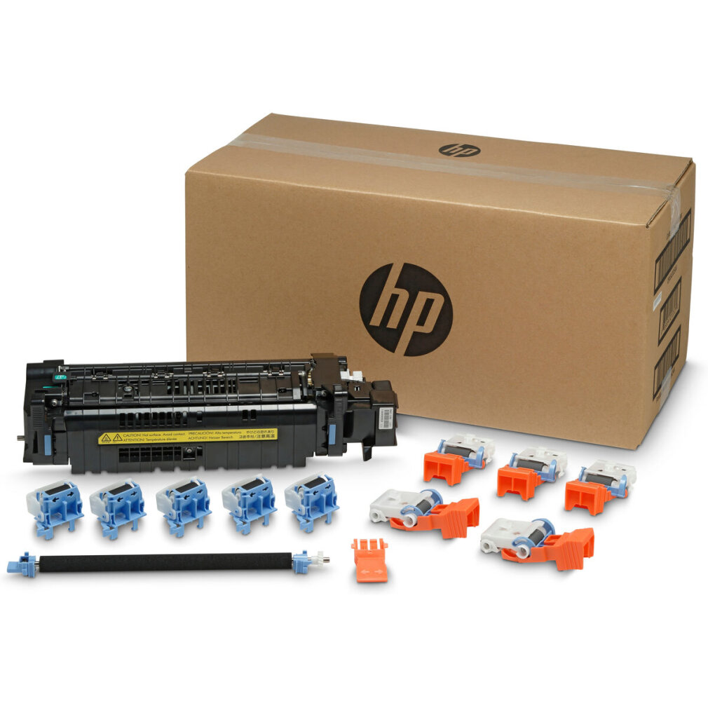 Unità fusore HP e piccole parti di stampante con scatola HP.