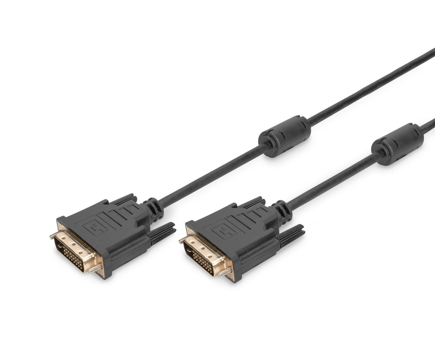 Due cavi DVI neri con connettori dorati e nuclei di ferrite su sfondo bianco.