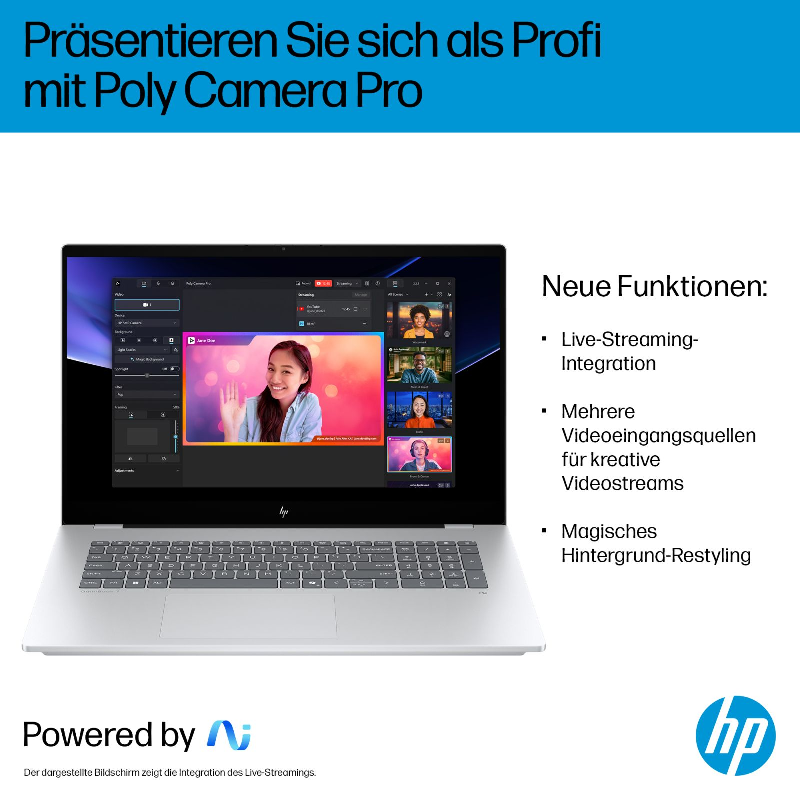 Lo schermo del laptop mostra il software Poly Camera Pro con feed video live e opzioni di streaming.