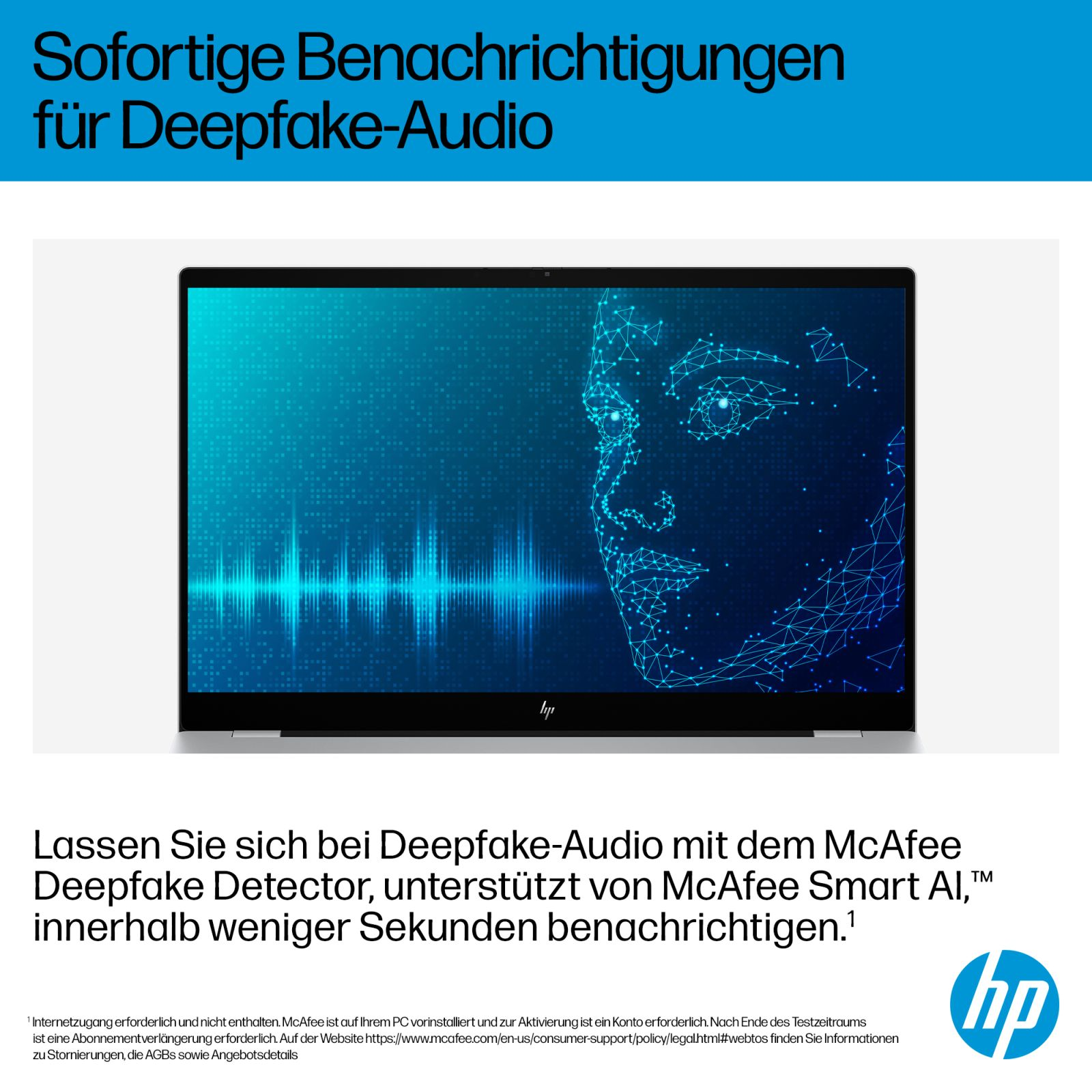 Schermo laptop mostra volto digitale e onde audio. Testo: Notifiche istantanee per audio Deepfake.