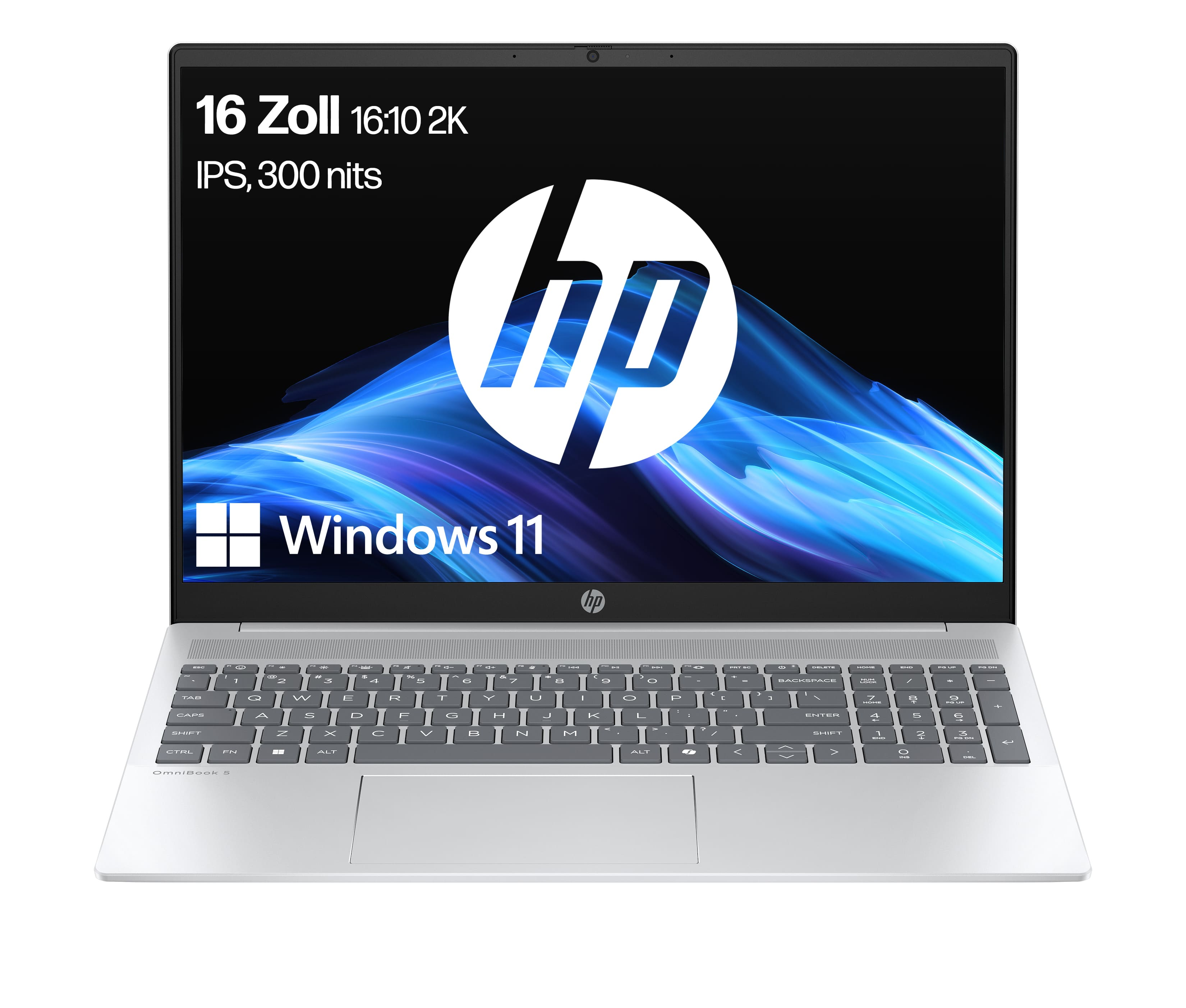 Un laptop HP argentato con Windows 11 e logo HP sullo schermo.