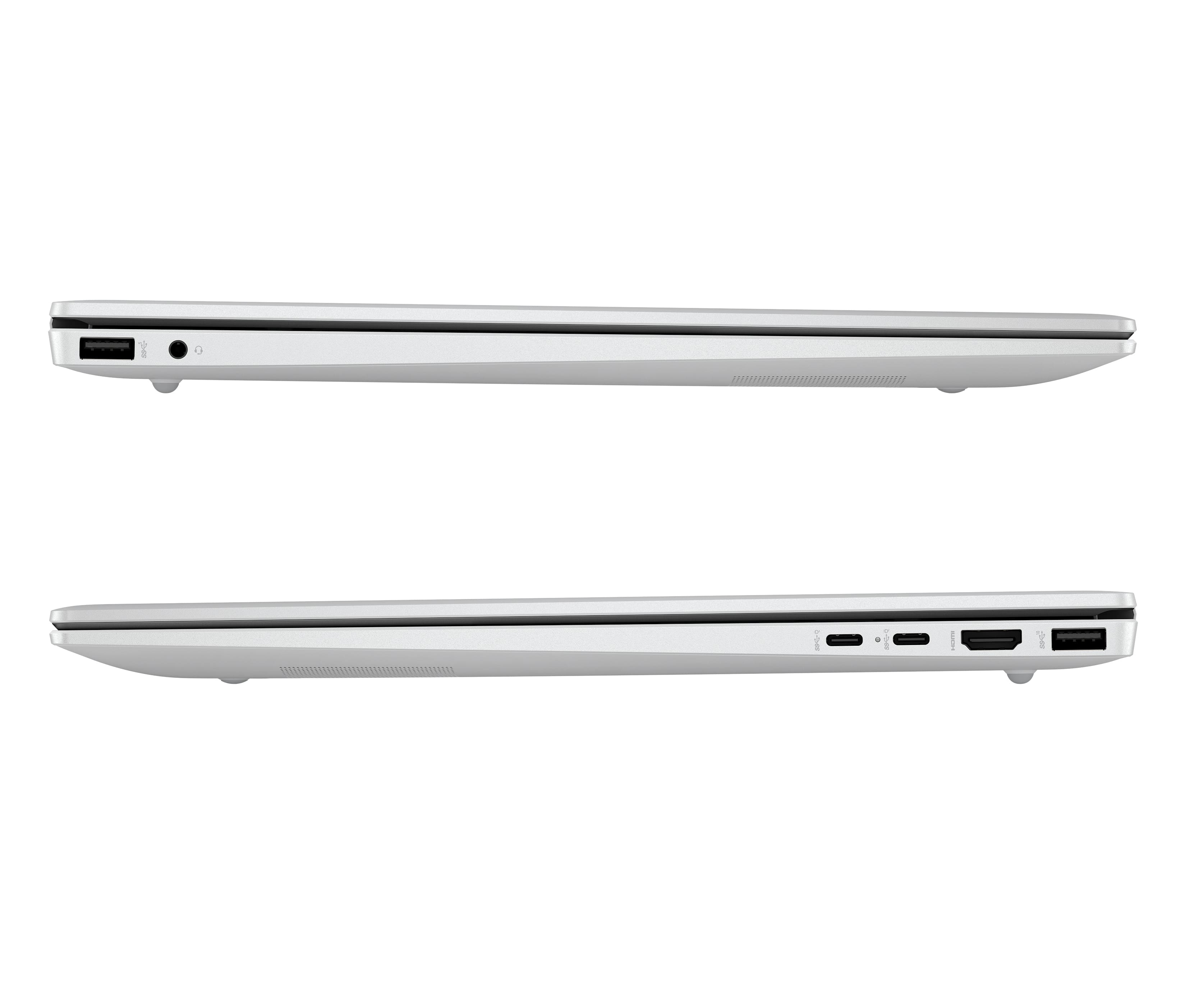 Due laptop argentati uno accanto all'altro che mostrano vista di profilo e porte.