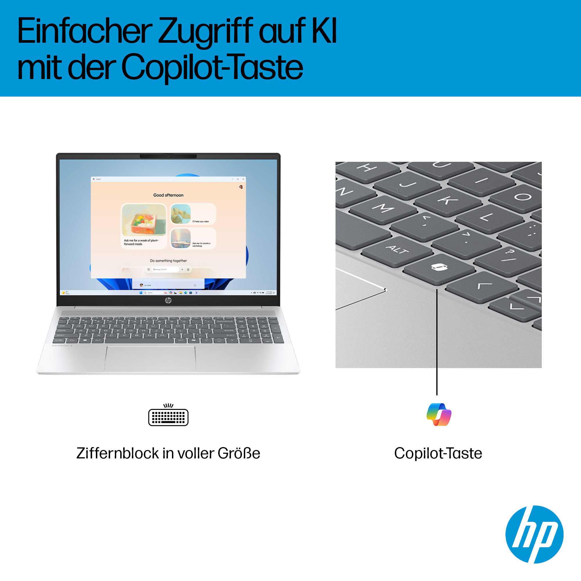 Laptop HP con tasto Copilot e tastierino numerico completo. Lo schermo mostra prompt AI.