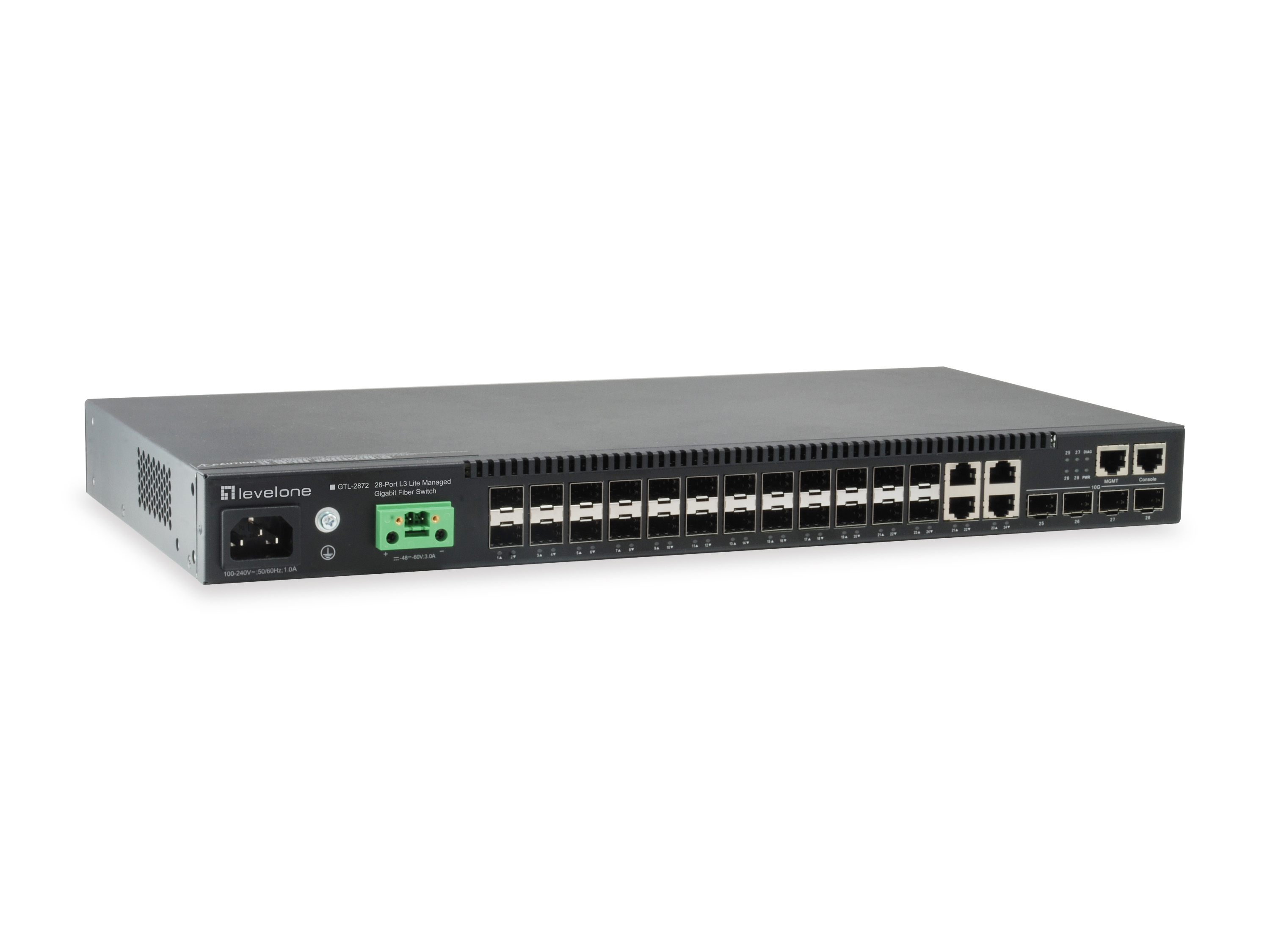 Uno switch LevelOne GTL-2872 Lite gestito Gigabit Fiber L3 a 28 porte grigio.
