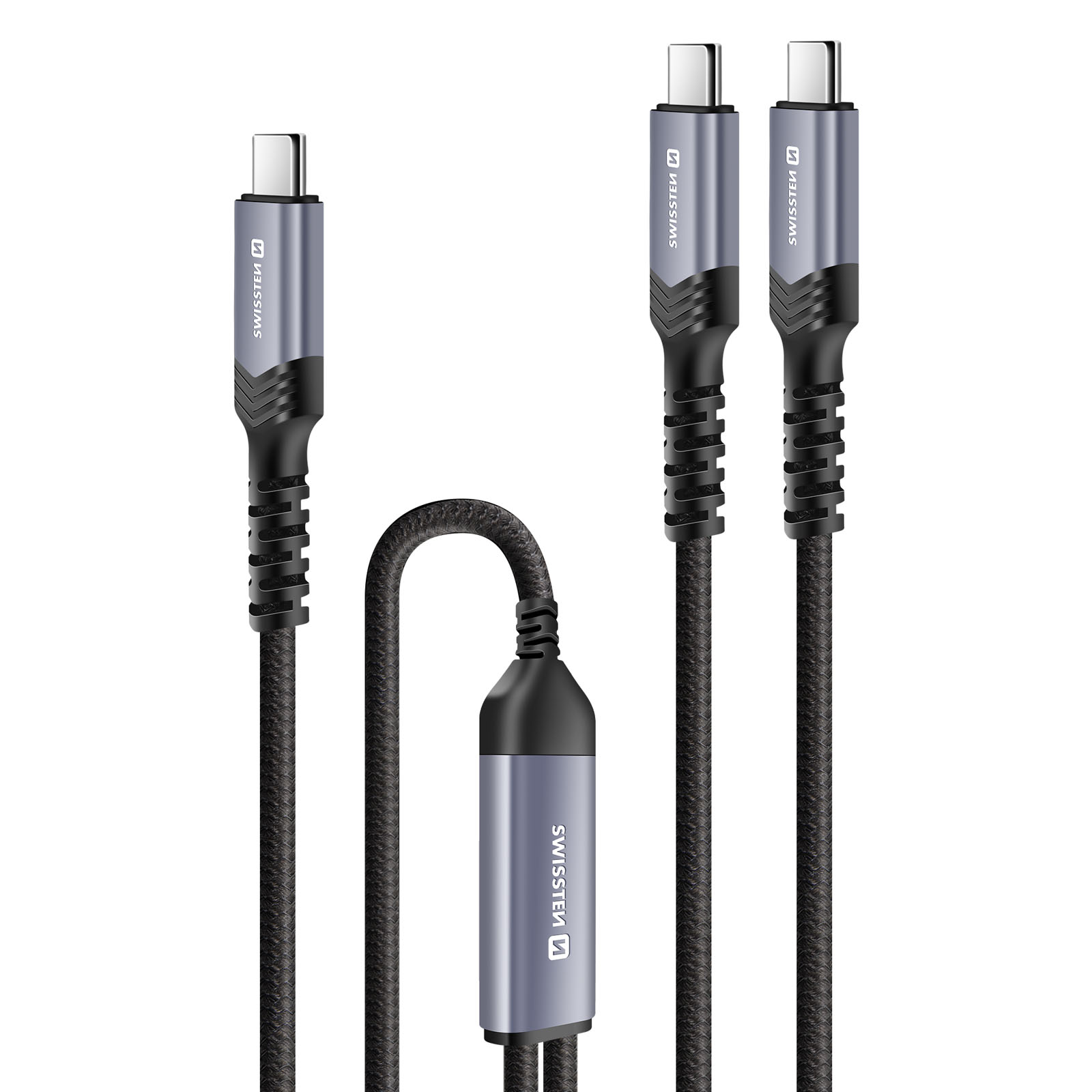 Tre cavi USB-C con connettori grigi e cavi neri sono uno accanto all'altro.