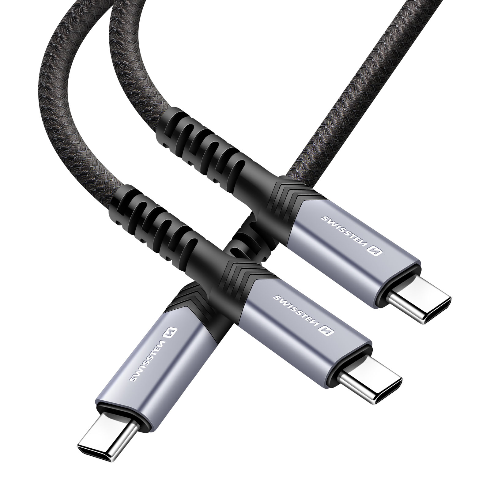 Due cavi USB-C neri con guaina intrecciata e connettori argentati giacciono fianco a fianco.