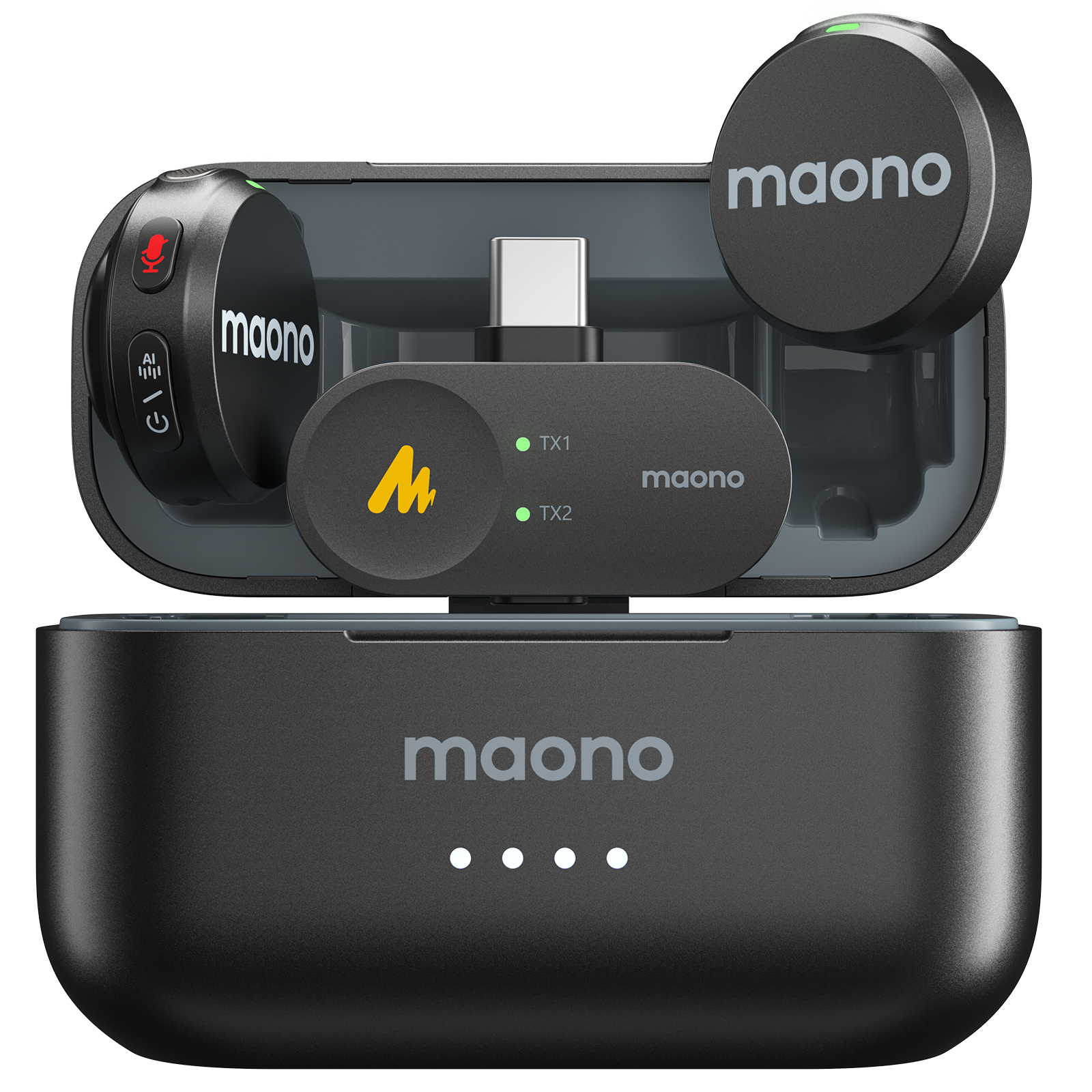 Système de microphone sans fil Maono noir avec étui de chargement et émetteur USB-C.