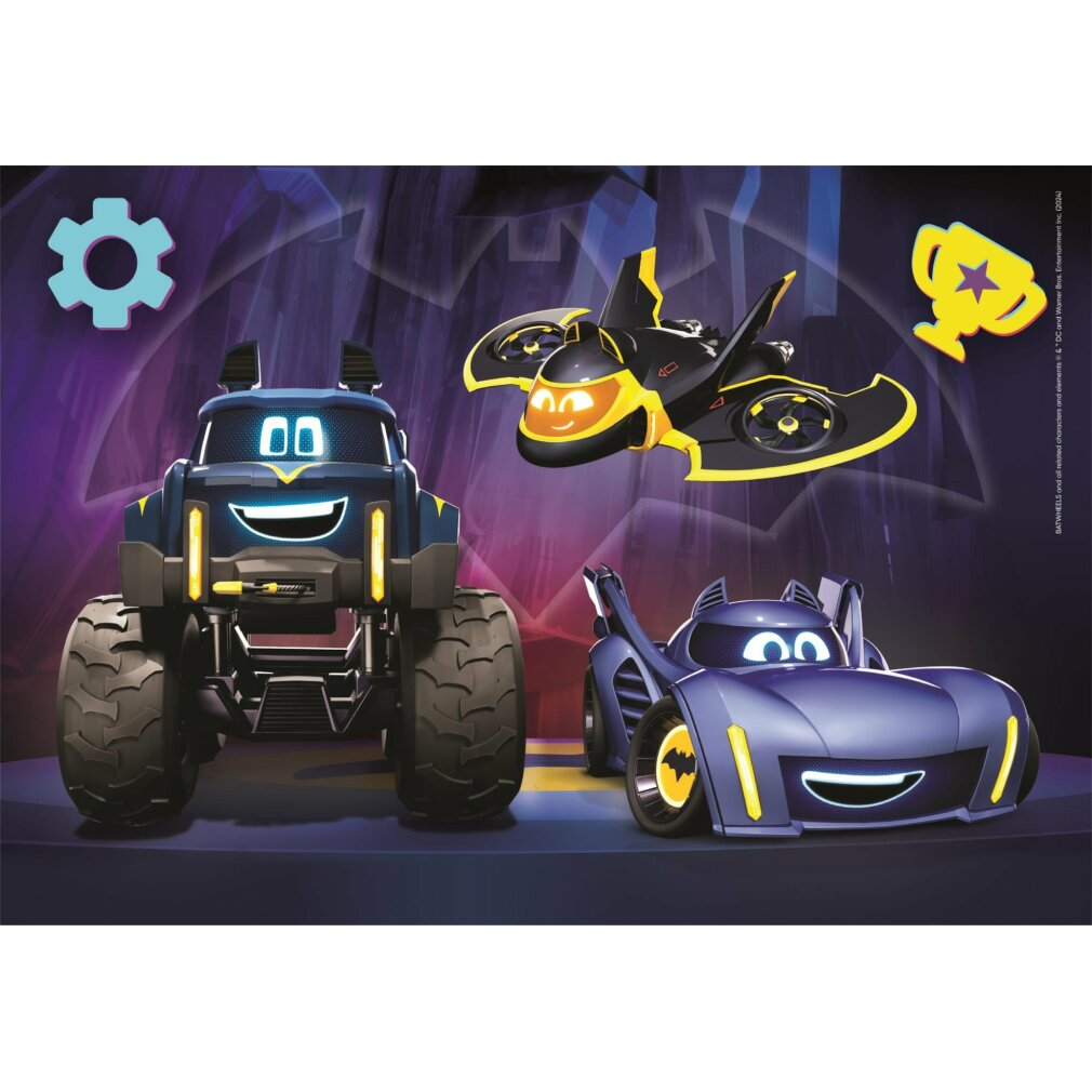 Drei Zeichentrickfahrzeuge: ein Monster-Truck, ein Sportwagen und ein Flugfahrzeug.