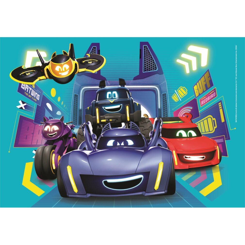 Animierte Autos, ein lila Sportwagen, ein rotes Auto, ein schwarzer Monstertruck und eine schwarze Drohne.