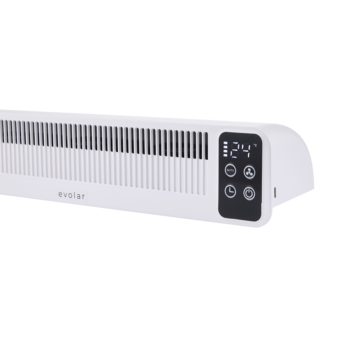 Een witte Evolar elektrische kachel met digitaal display dat 24 graden aangeeft.