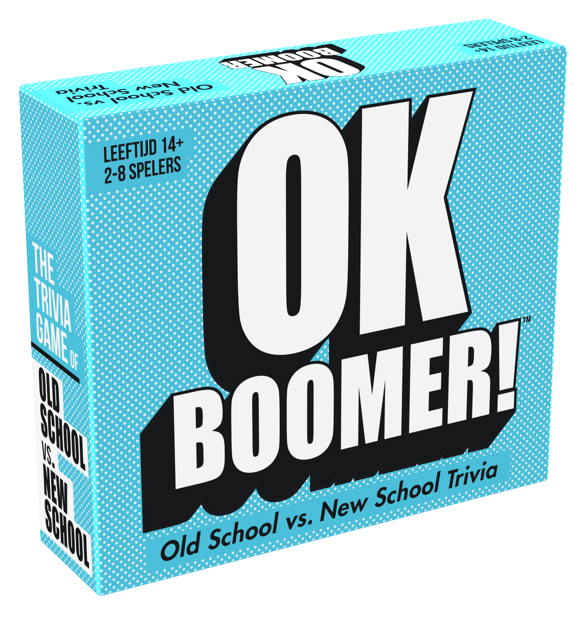 Doos van het trivia spel 'OK Boomer!' met blauw stippenpatroon.