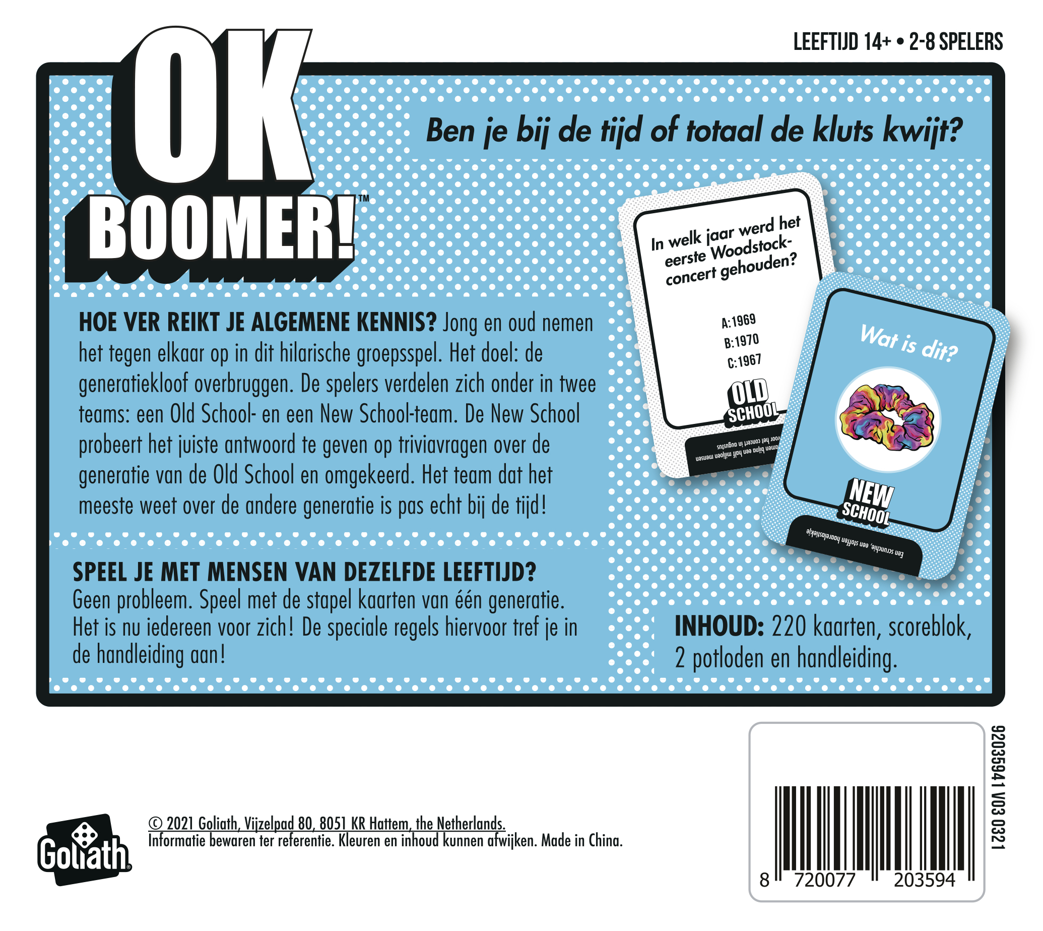 De "OK Boomer!" speldoos. Toont titel, regels en kaarten met Woodstock en scrunchie.