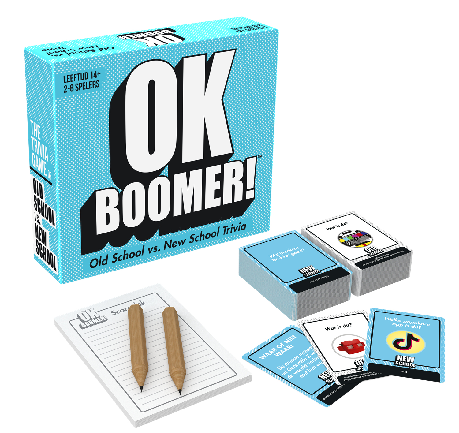 OK Boomer trivia speldoos met kaarten en scoreblok. 14+, 2-8 spelers.