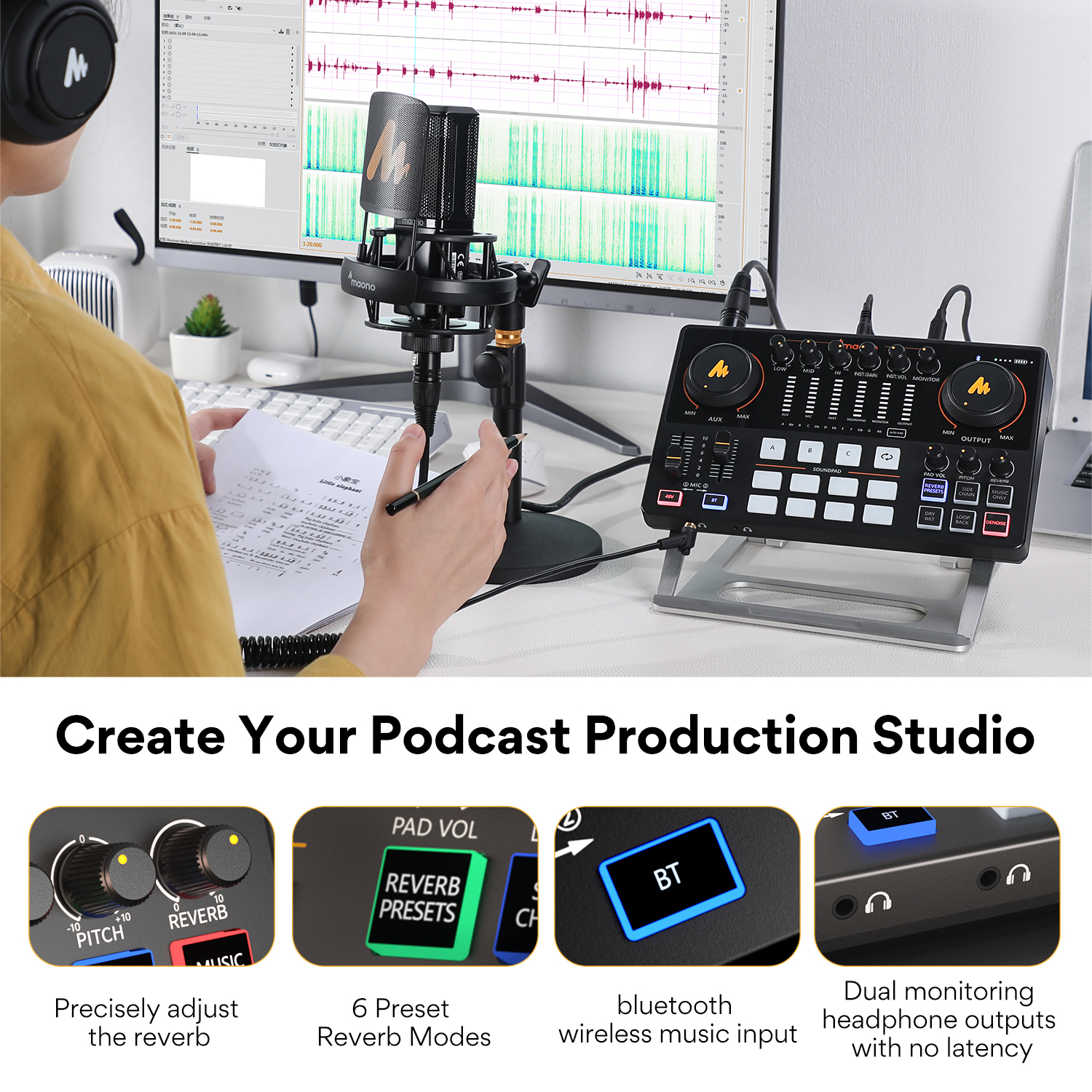 Podcast-Studio-Einrichtung mit Mikrofon, Audiomischer und Bildschirm.