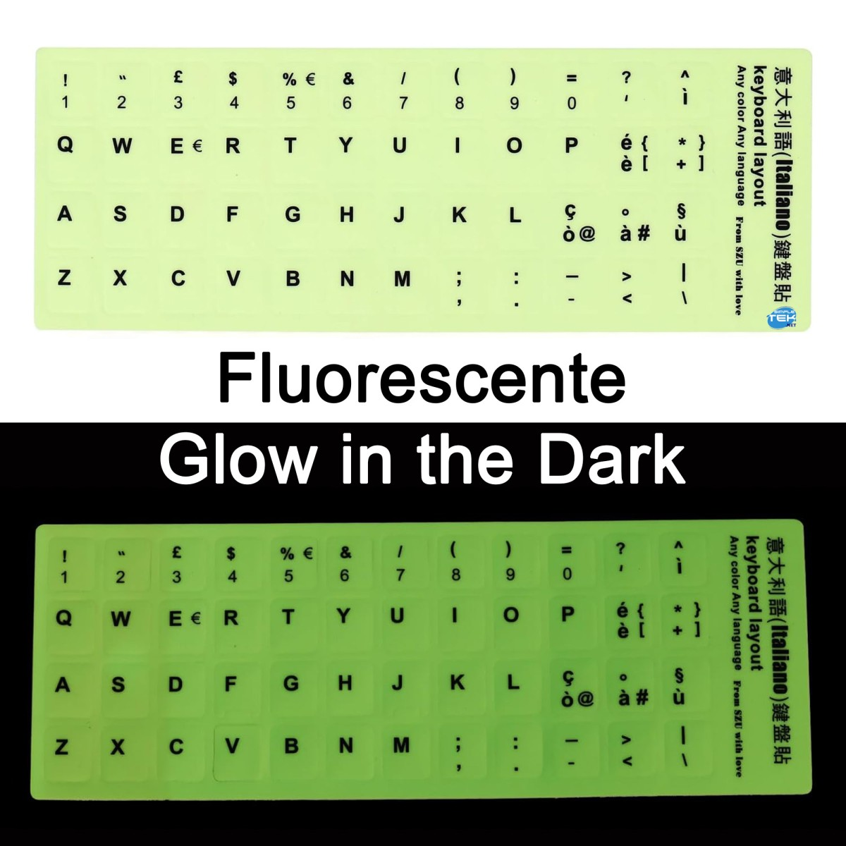Adesivi fluorescenti per tastiera italiana che brillano al buio.