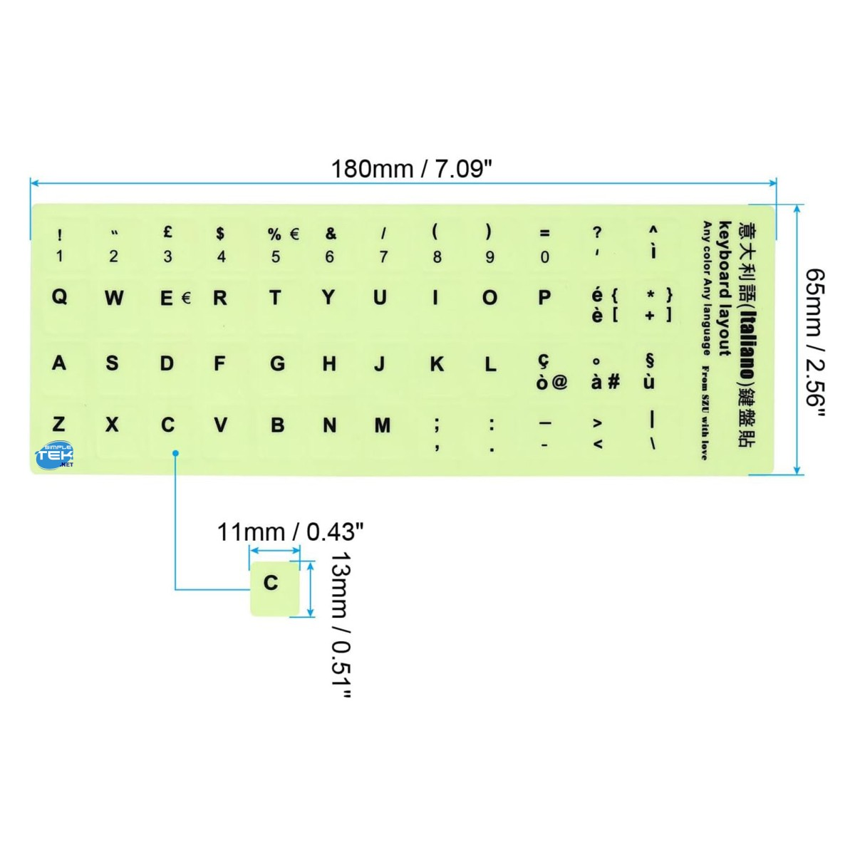 Adesivo per tastiera verde chiaro con layout italiano e dimensioni.