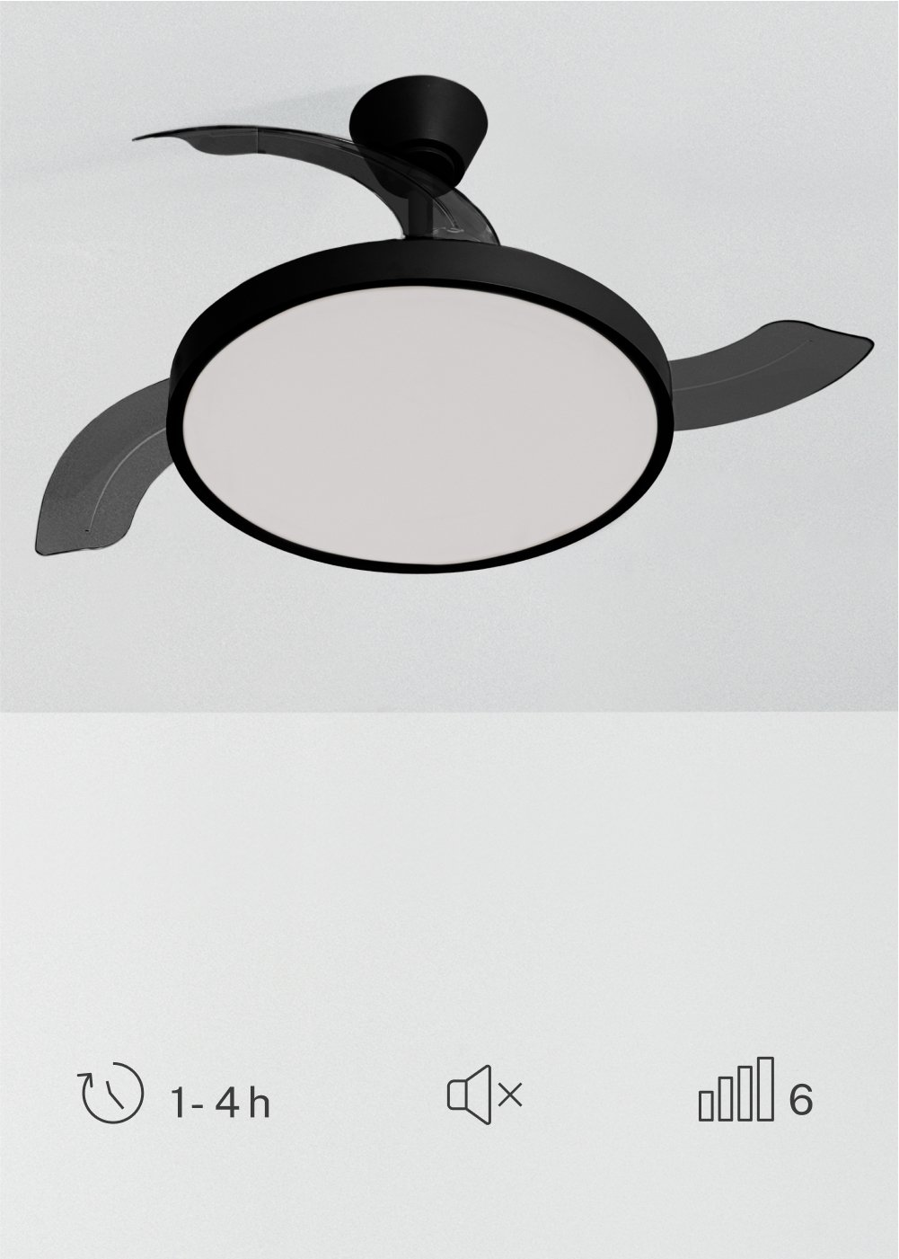 Ventilador de techo negro con luz e icono de temporizador.